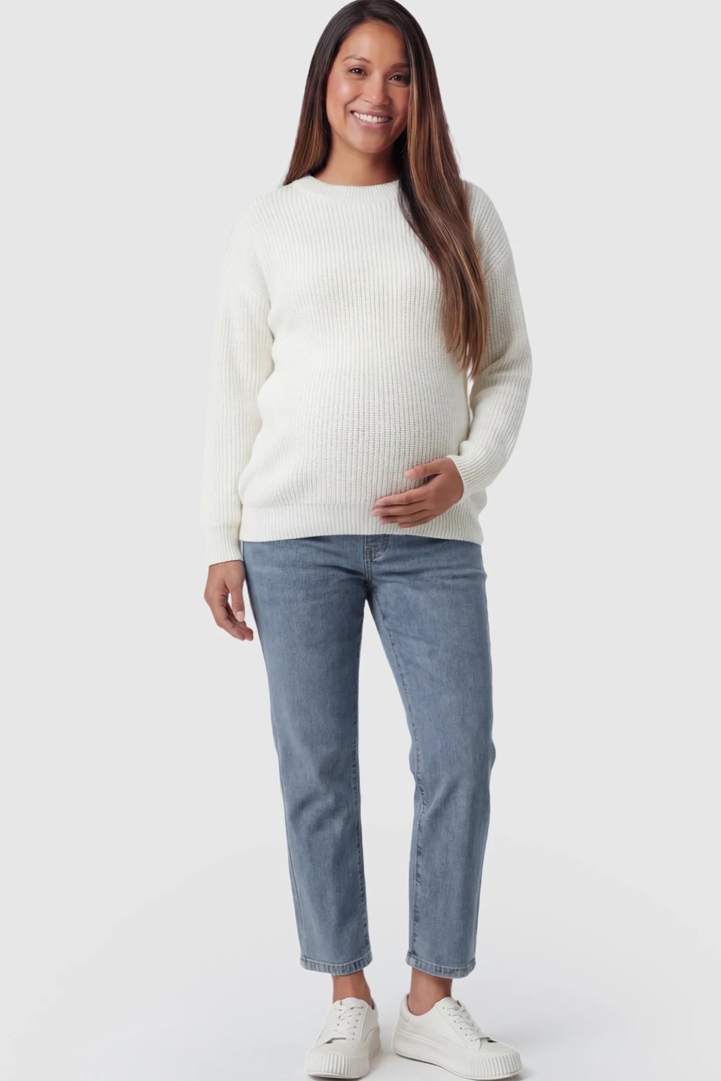 Elastic Full Panel Straight Leg Maternity Jeans Elastic Full Panel Straight Leg Maternity Jeans in Vintage Blue featuring a high-stretch jersey waistband on a pregnant model facing front.