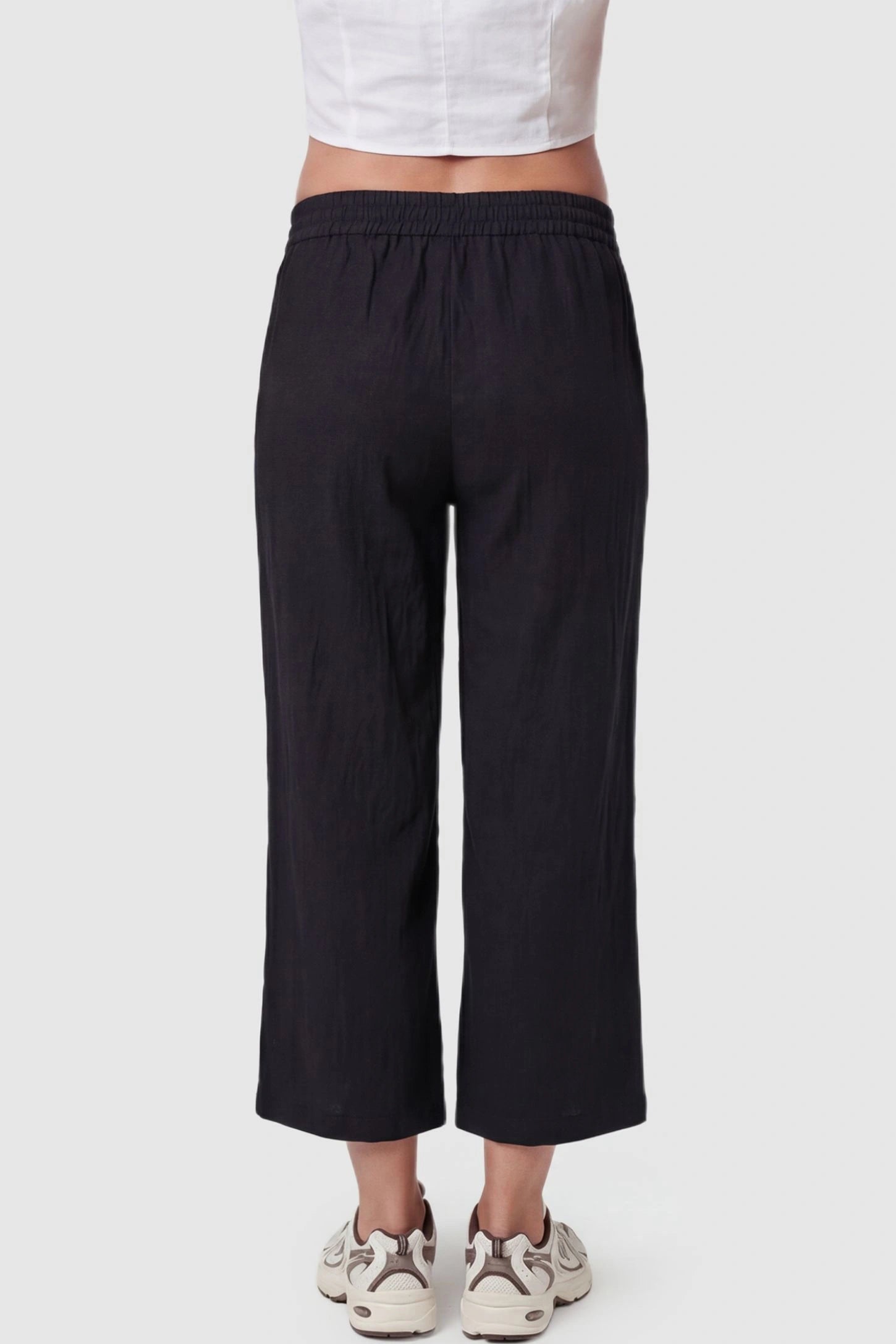 Elastic High Waisted Cropped Maternity Pants Elastic High Waisted Cropped Maternity Pants in Black featuring a flexible waistband on a pregnant model, back view.
