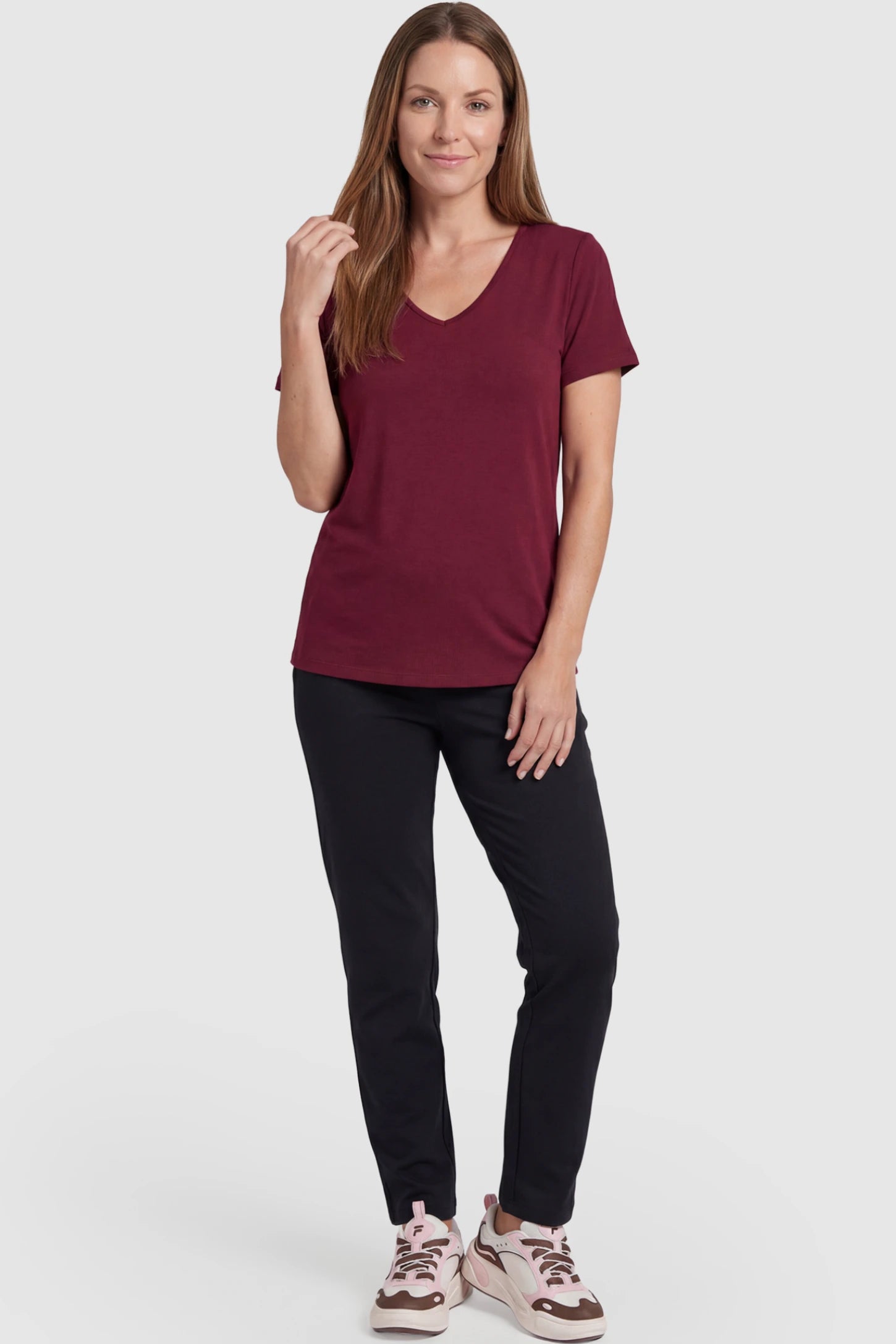 Elastic Mid Waist Straight Leg Maternity Pants Elastic Mid Waist Straight Leg Maternity Pants in black featuring Elastic Waistband on a postpartum model showing front.