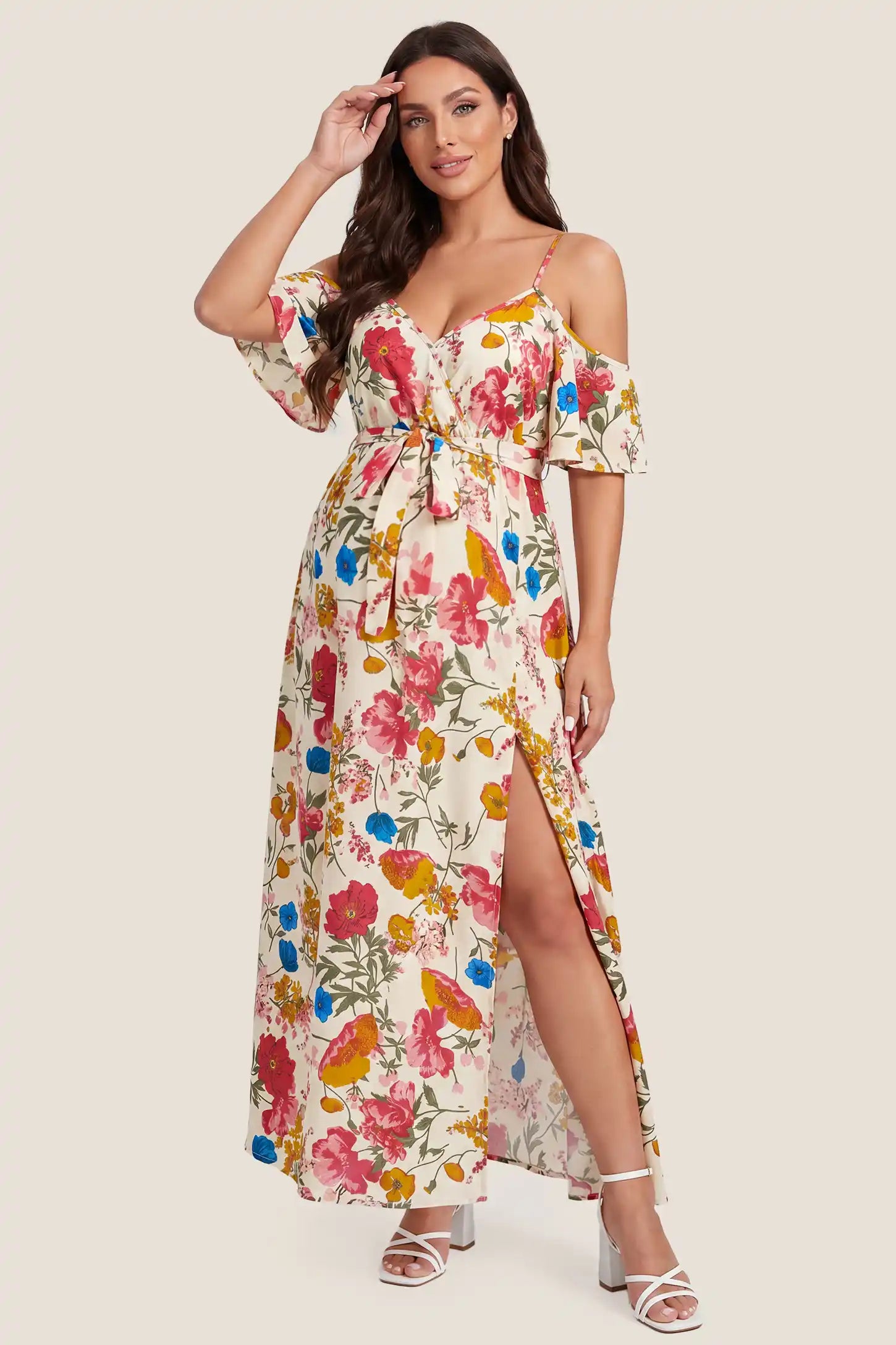 Elegant Floral Cold Shoulder Maternity Maxi Dress with Slit Elegant Floral Cold Shoulder Maternity Maxi Dress with Slit in Khaki featuring cold shoulder cutouts and a vibrant floral pattern, front view on a pregnant model.
