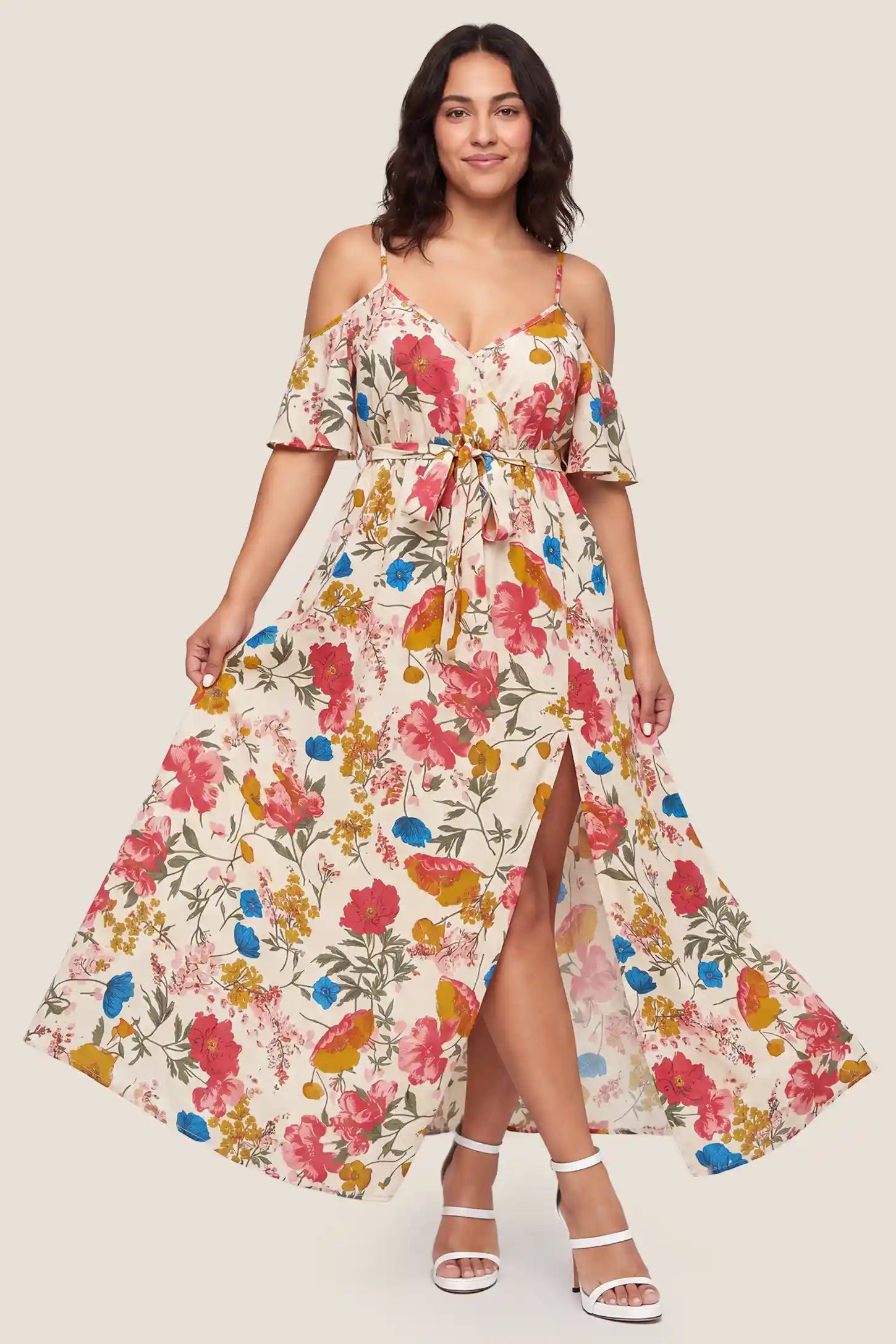 Elegant Floral Cold Shoulder Maternity Maxi Dress with Slit Elegant Floral Cold Shoulder Maternity Maxi Dress with Slit in Khaki with floral design and front slit, front view on a non pregnant model.