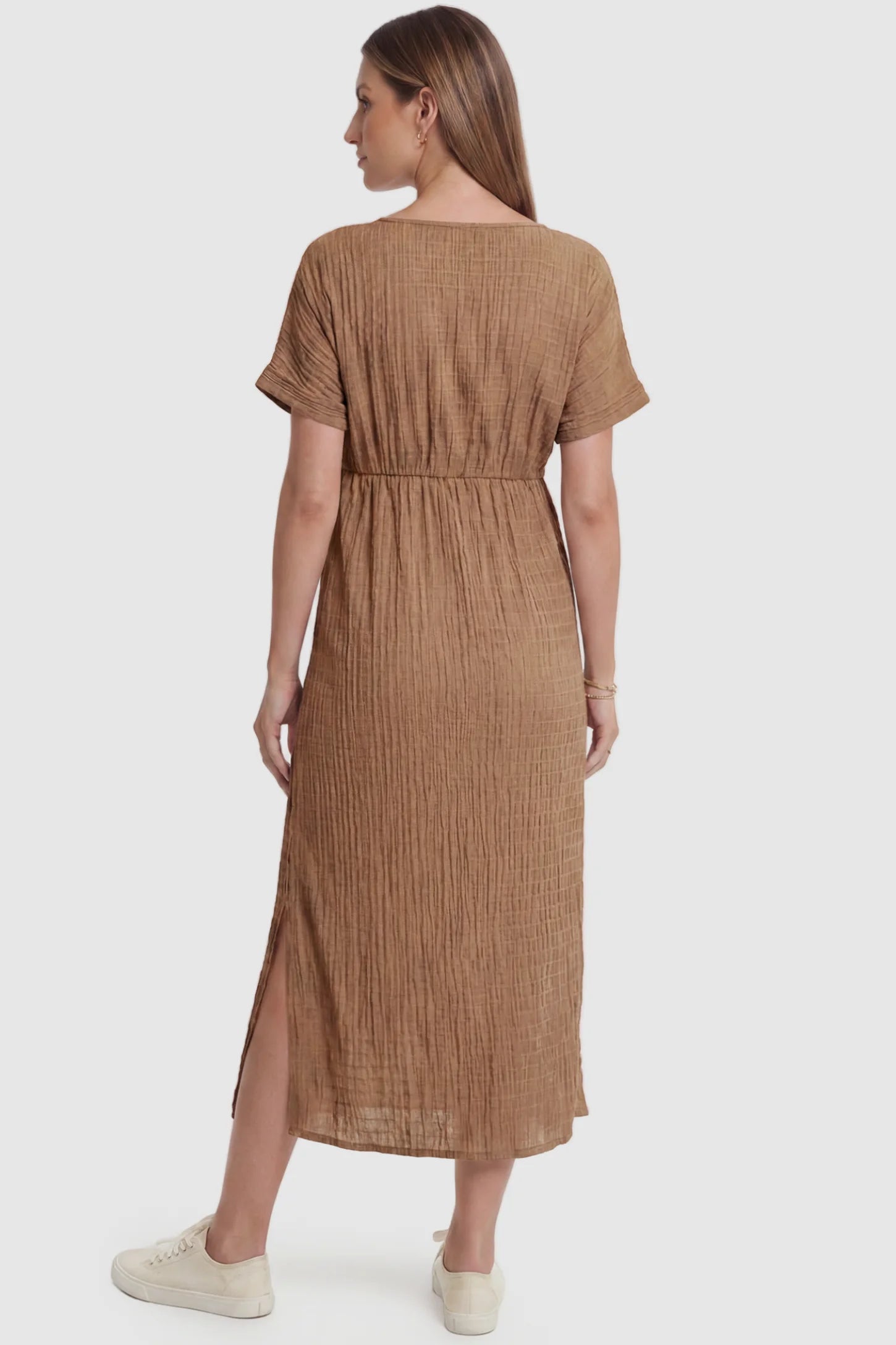 Empire Waist Round Neck Maternity Midi Dress Empire Waist Round Neck Maternity Midi Dress in Brown featuring empire waist and short sleeves on a pregnant model, back view.