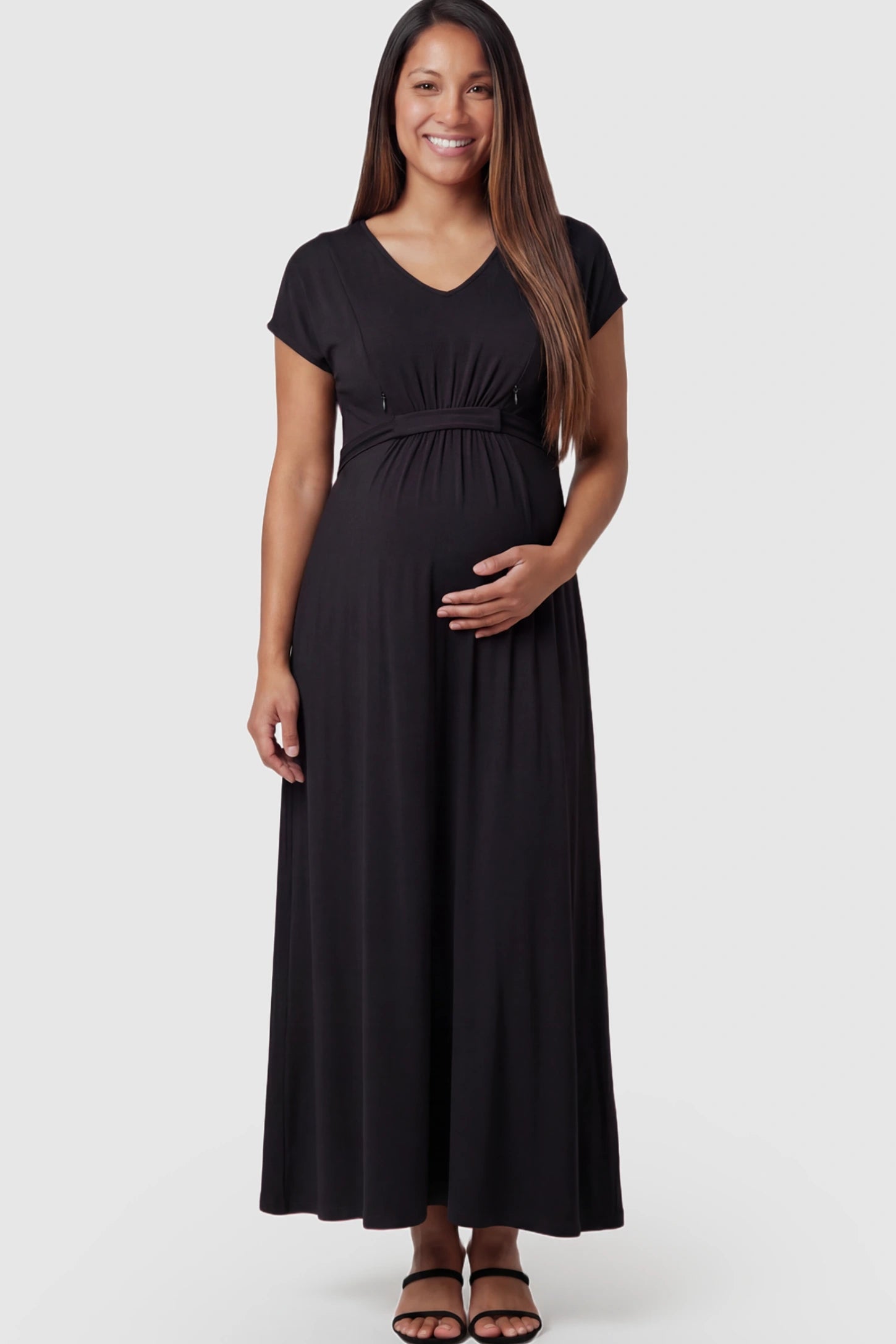 Empire Waist Short Sleeve Maternity Nursing Maxi Dress Empire Waist Short Sleeve Maternity Nursing Maxi Dress featuring hidden breastfeeding zippers in black on a pregnant model showing front.