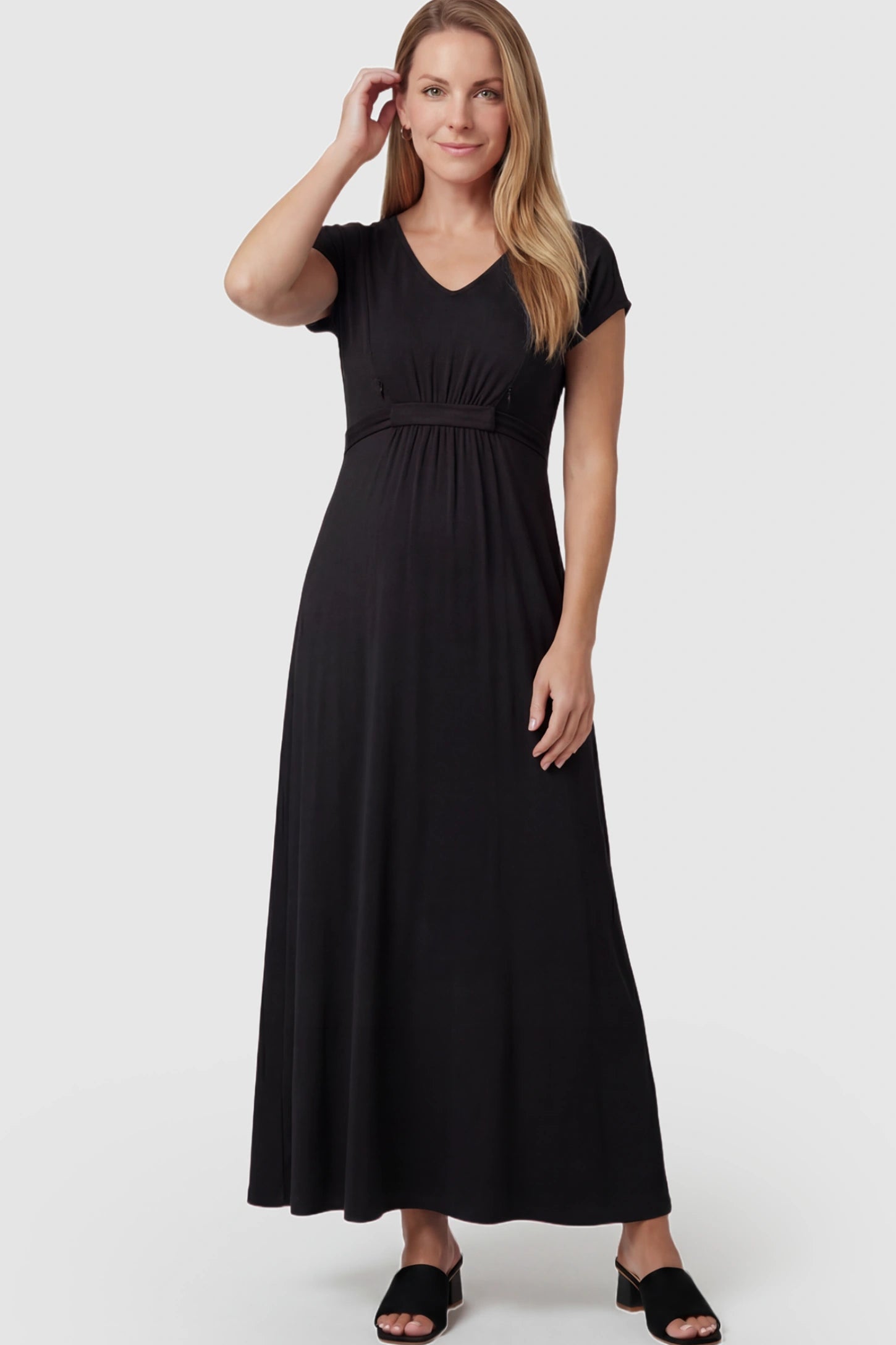 Empire Waist Short Sleeve Maternity Nursing Maxi Dress Empire Waist Short Sleeve Maternity Nursing Maxi Dress featuring hidden breastfeeding zippers in black on a postpartum model showing front.