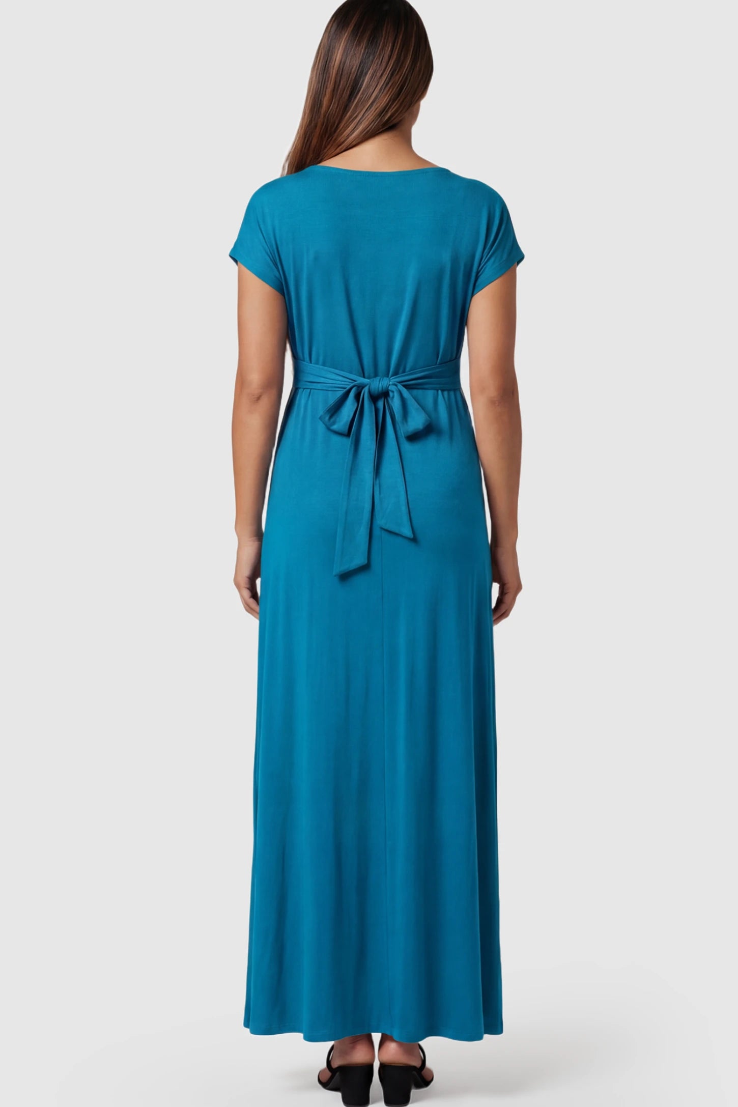 Empire Waist Short Sleeve Maternity Nursing Maxi Dress Empire Waist Short Sleeve Maternity Nursing Maxi Dress featuring tie back detail in blue on a pregnant model showing back.