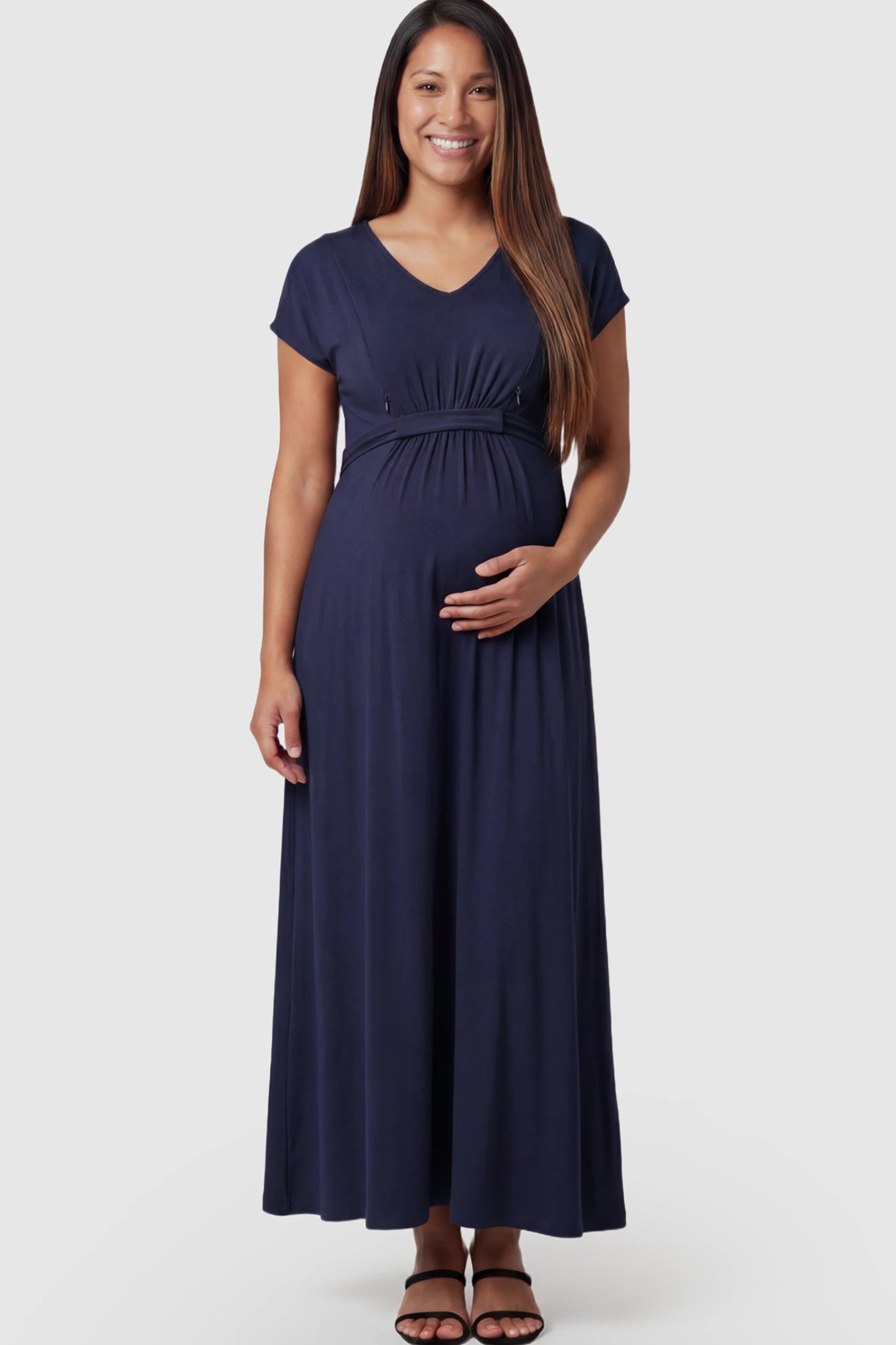 Empire Waist Short Sleeve Maternity Nursing Maxi Dress Empire Waist Short Sleeve Maternity Nursing Maxi Dress featuring hidden breastfeeding zippers in dark blue on a pregnant model showing front.