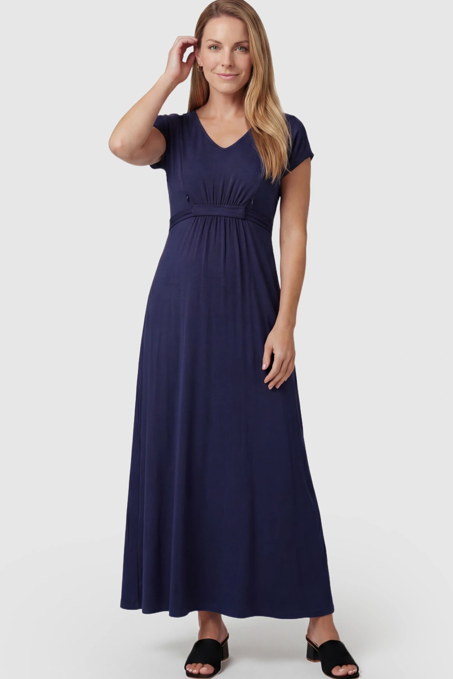 Empire Waist Short Sleeve Maternity Nursing Maxi Dress Empire Waist Short Sleeve Maternity Nursing Maxi Dress featuring hidden breastfeeding zippers in dark blue on a postpartum model showing front.