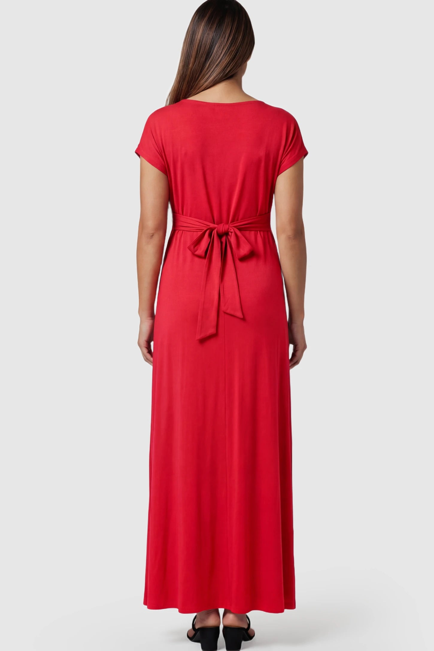 Empire Waist Short Sleeve Maternity Nursing Maxi Dress Empire Waist Short Sleeve Maternity Nursing Maxi Dress featuring tie back detail in red on a pregnant model showing back.