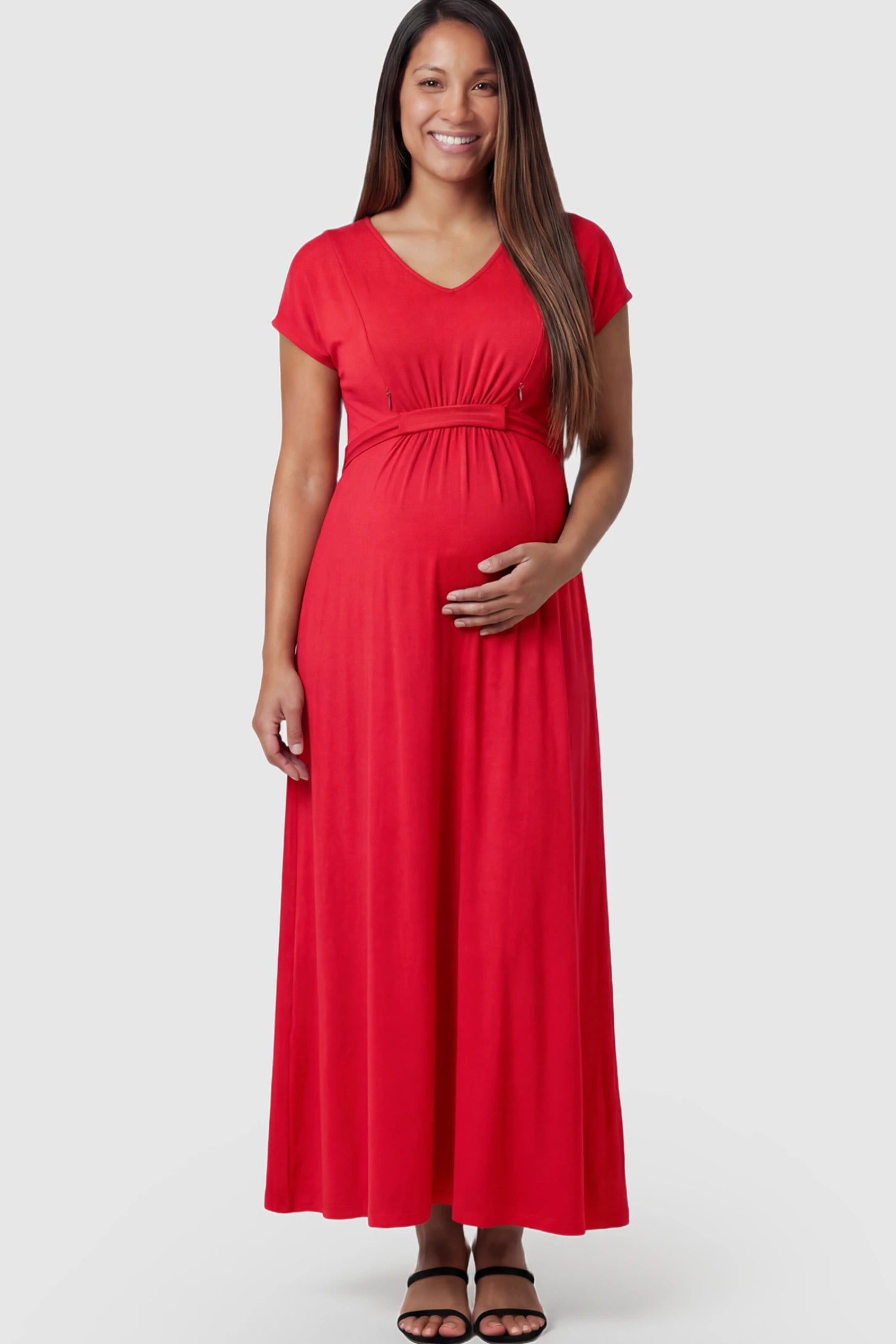 Empire Waist Short Sleeve Maternity Nursing Maxi Dress Empire Waist Short Sleeve Maternity Nursing Maxi Dress featuring hidden breastfeeding zippers in red on a pregnant model showing front.