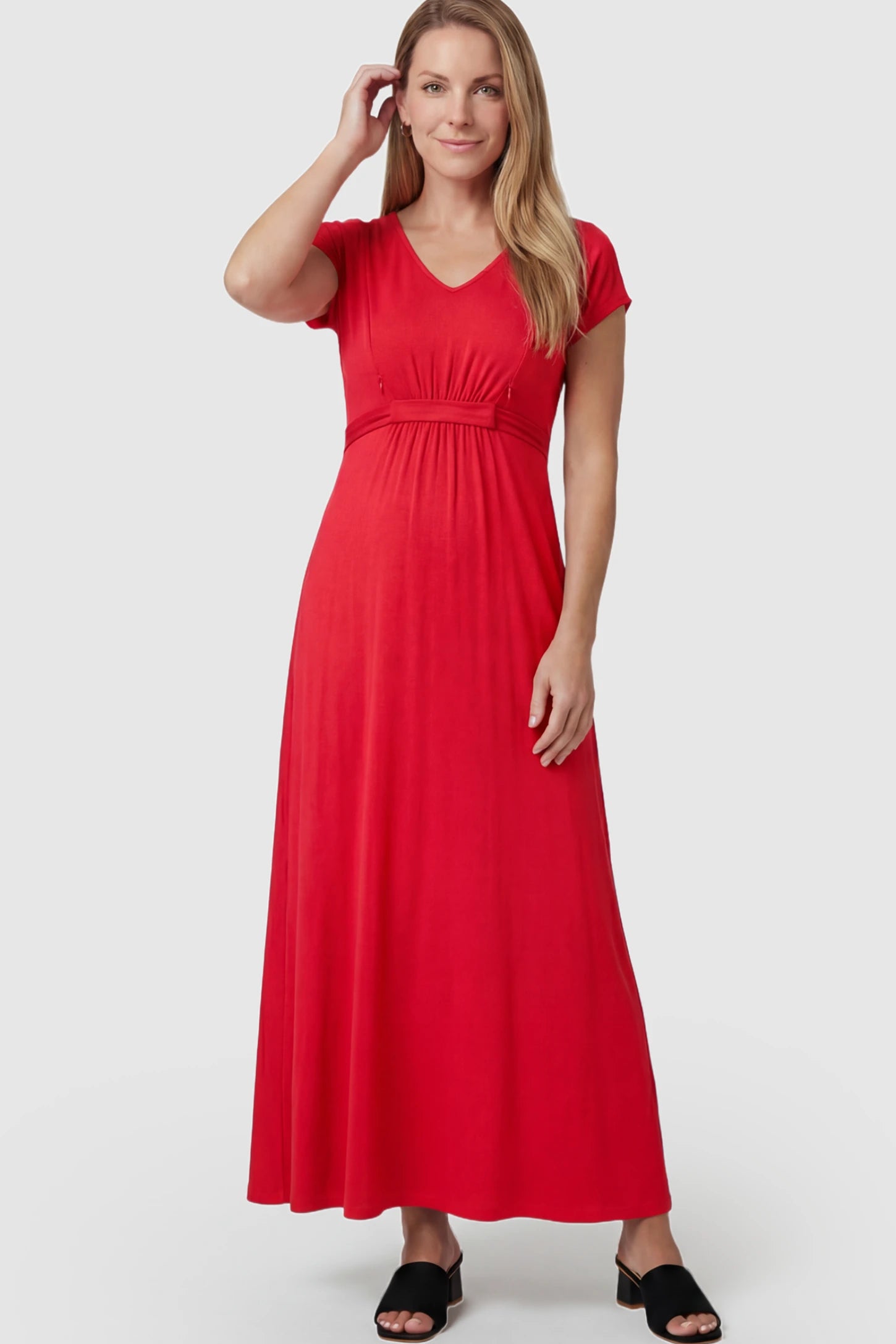 Empire Waist Short Sleeve Maternity Nursing Maxi Dress Empire Waist Short Sleeve Maternity Nursing Maxi Dress featuring hidden breastfeeding zippers in red on a postpartum model showing front.
