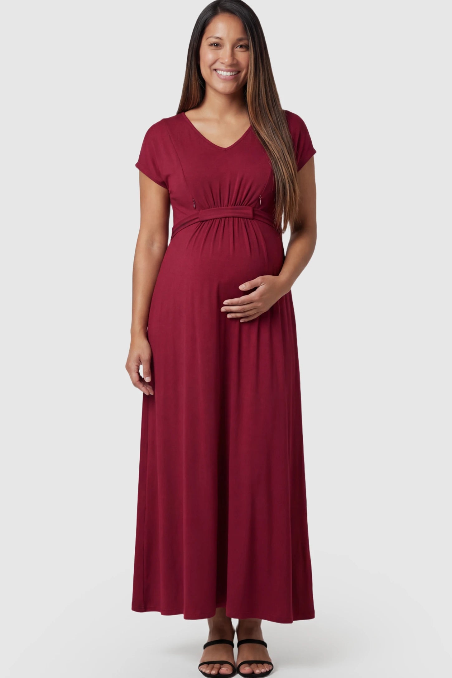Empire Waist Short Sleeve Maternity Nursing Maxi Dress Empire Waist Short Sleeve Maternity Nursing Maxi Dress featuring hidden breastfeeding zippers in wine red on a pregnant model showing front.
