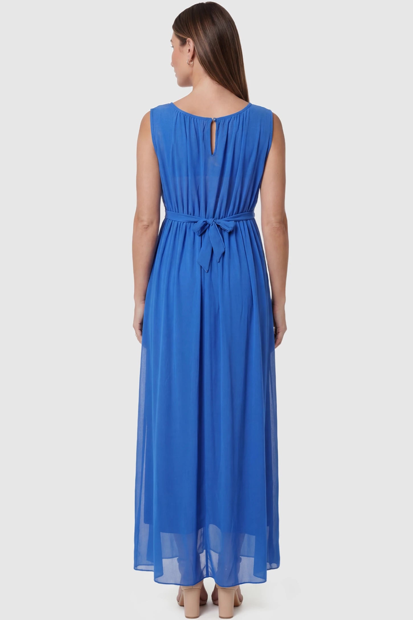Empire Waist Tie-Front Sleeveless Maternity Maxi Dress Empire Waist Tie-Front Sleeveless Maternity Maxi Dress in Blue featuring adjustable tie and empire waist on a pregnant model back view.