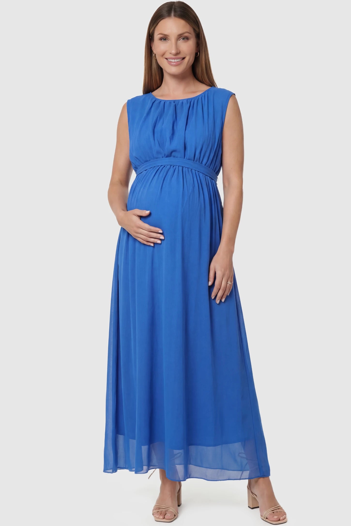 Empire Waist Tie-Front Sleeveless Maternity Maxi Dress in Blue featuring a tie front and empire waist on a pregnant model posing front.