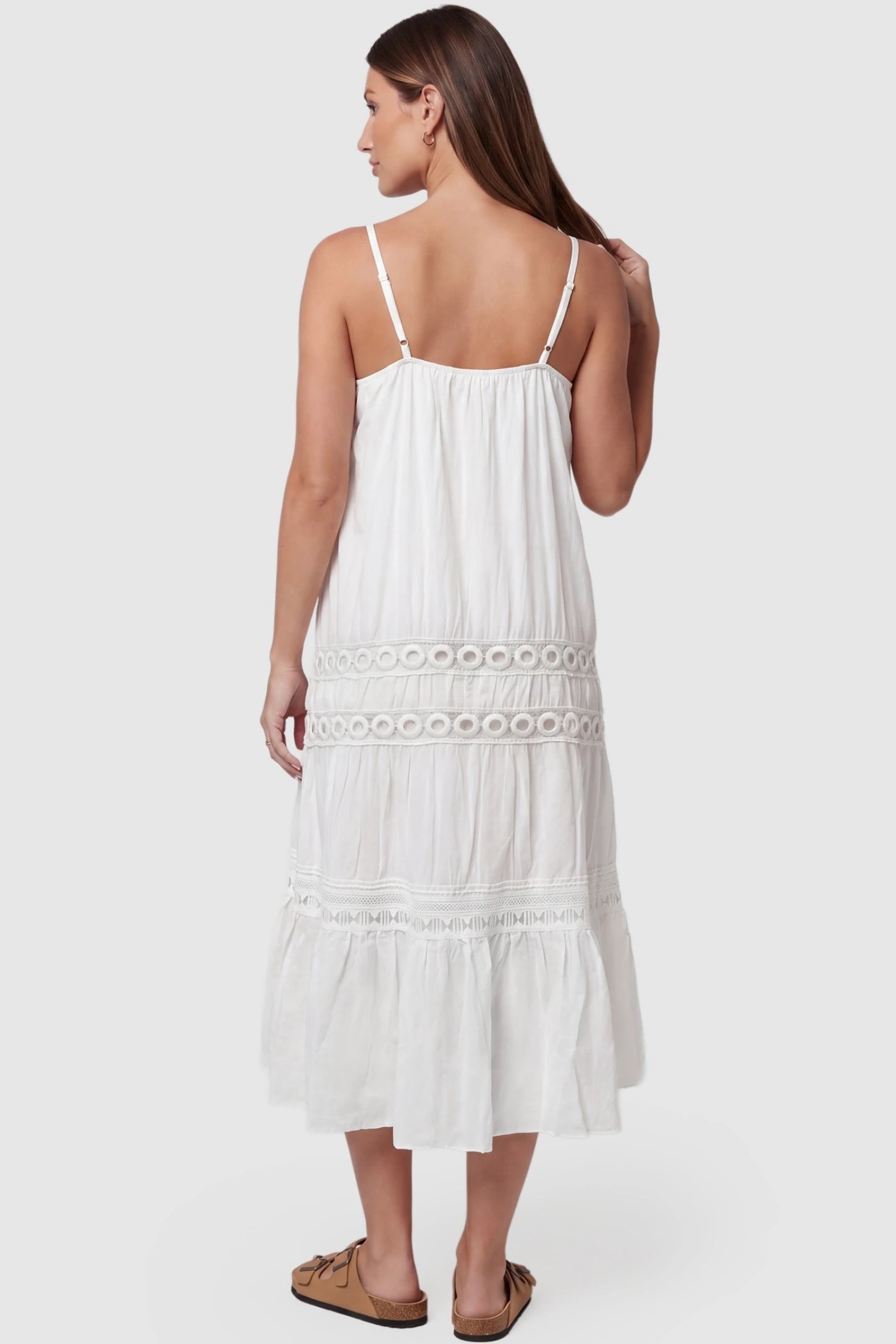 Eyelet Lace Cami Midi Maternity Dress Eyelet Lace Cami Midi Maternity Dress in White featuring circle eyelet lace trim on a pregnant model, back view.