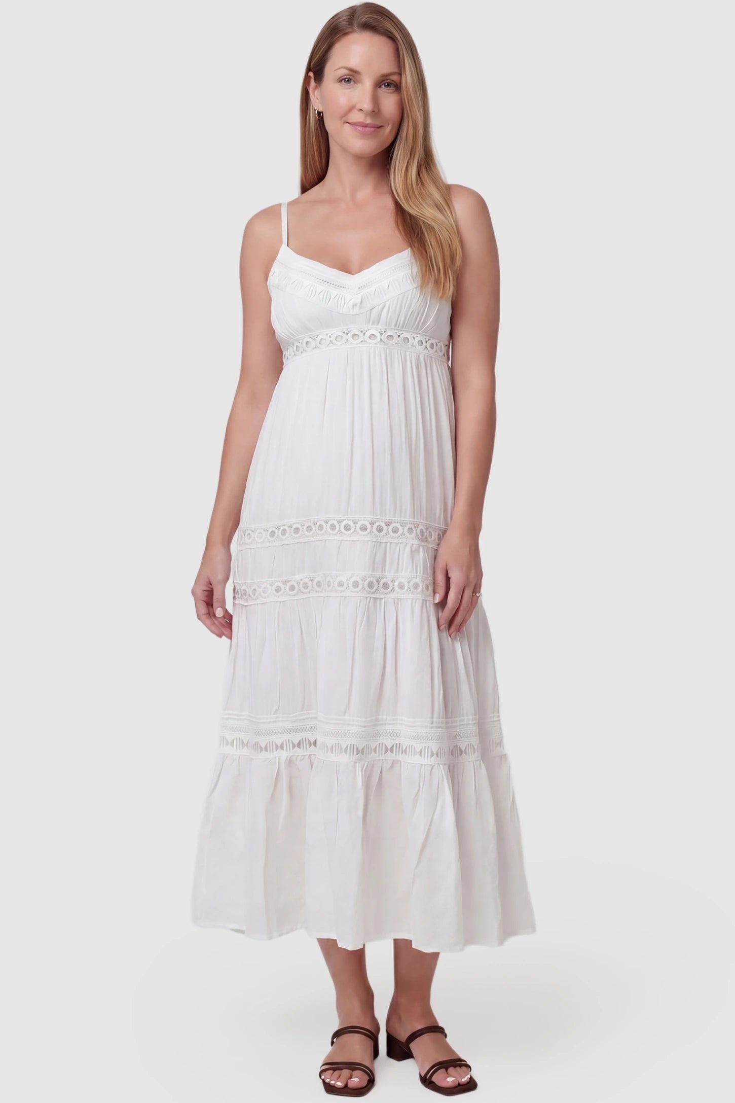 Eyelet Lace Cami Midi Maternity Dress Eyelet Lace Cami Midi Maternity Dress in White featuring circle eyelet lace trim on a non-pregnant model, postpartum view.