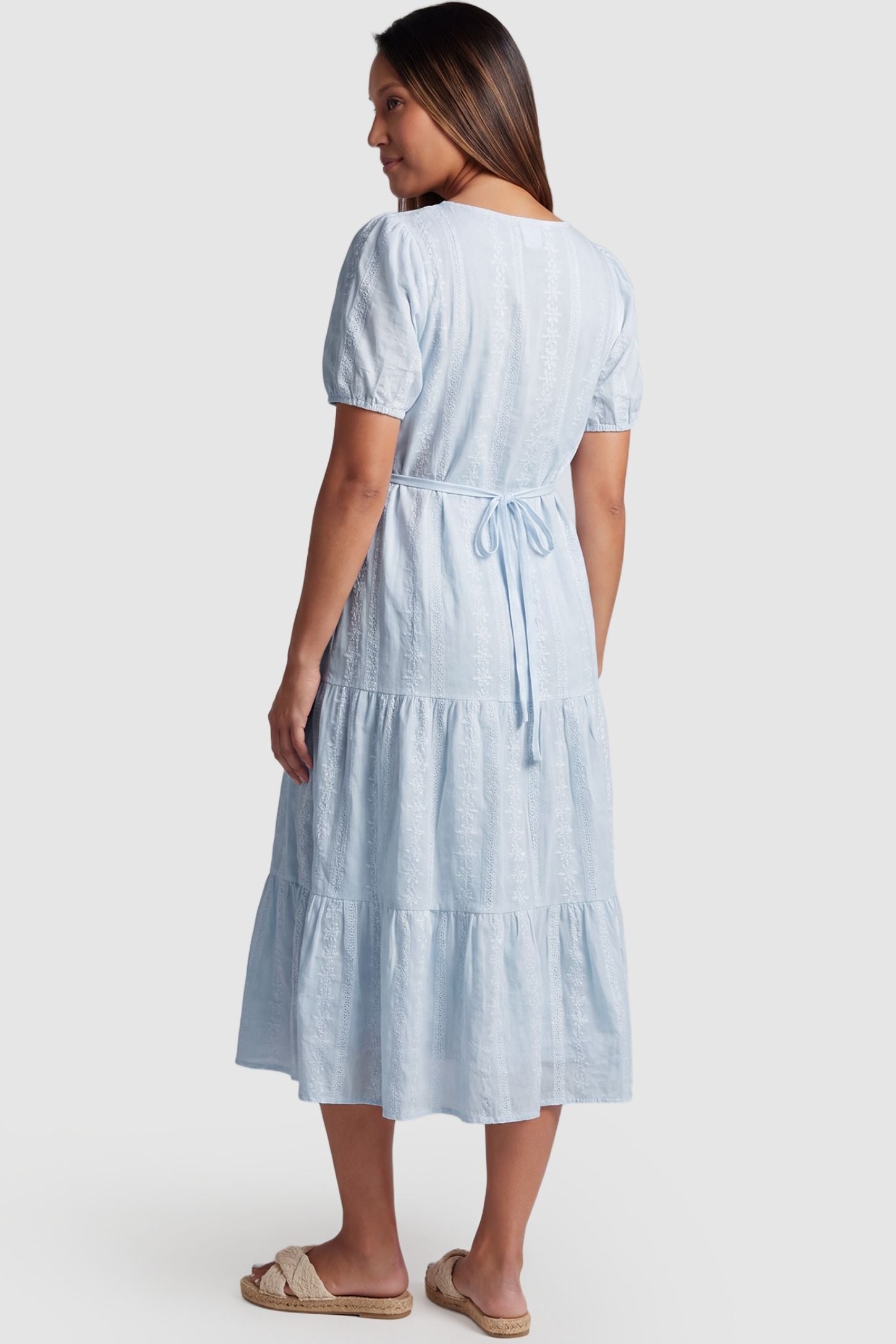 Eyelet Scoop Neck Tiered Maternity Dress Eyelet Scoop Neck Tiered Maternity Dress in Blue featuring a secure waist tie on a pregnant model, back view.