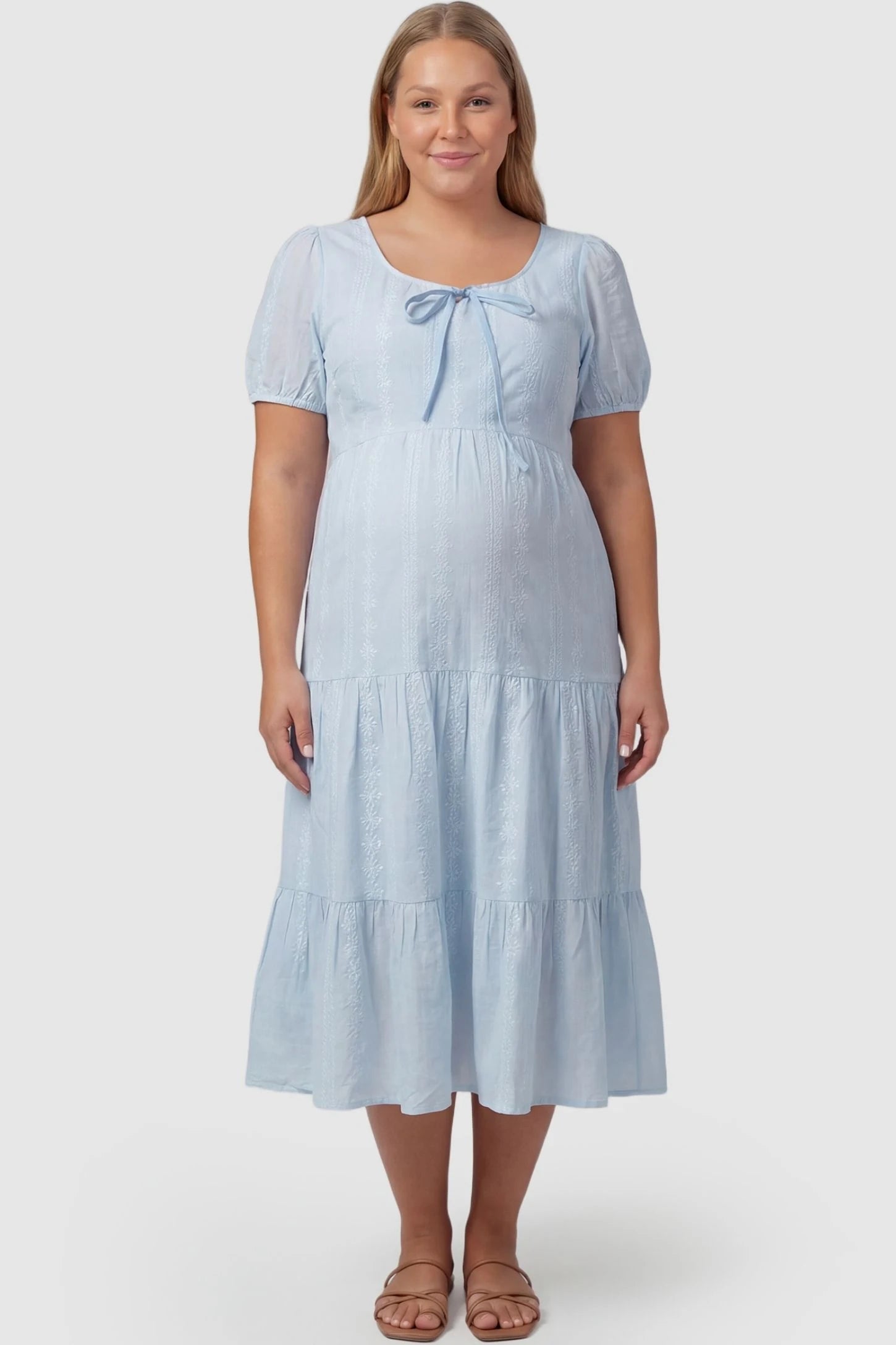 Eyelet Scoop Neck Tiered Maternity Dress Eyelet Scoop Neck Tiered Maternity Dress in Blue featuring a versatile empire waist on a plus-size pregnant model, front view.