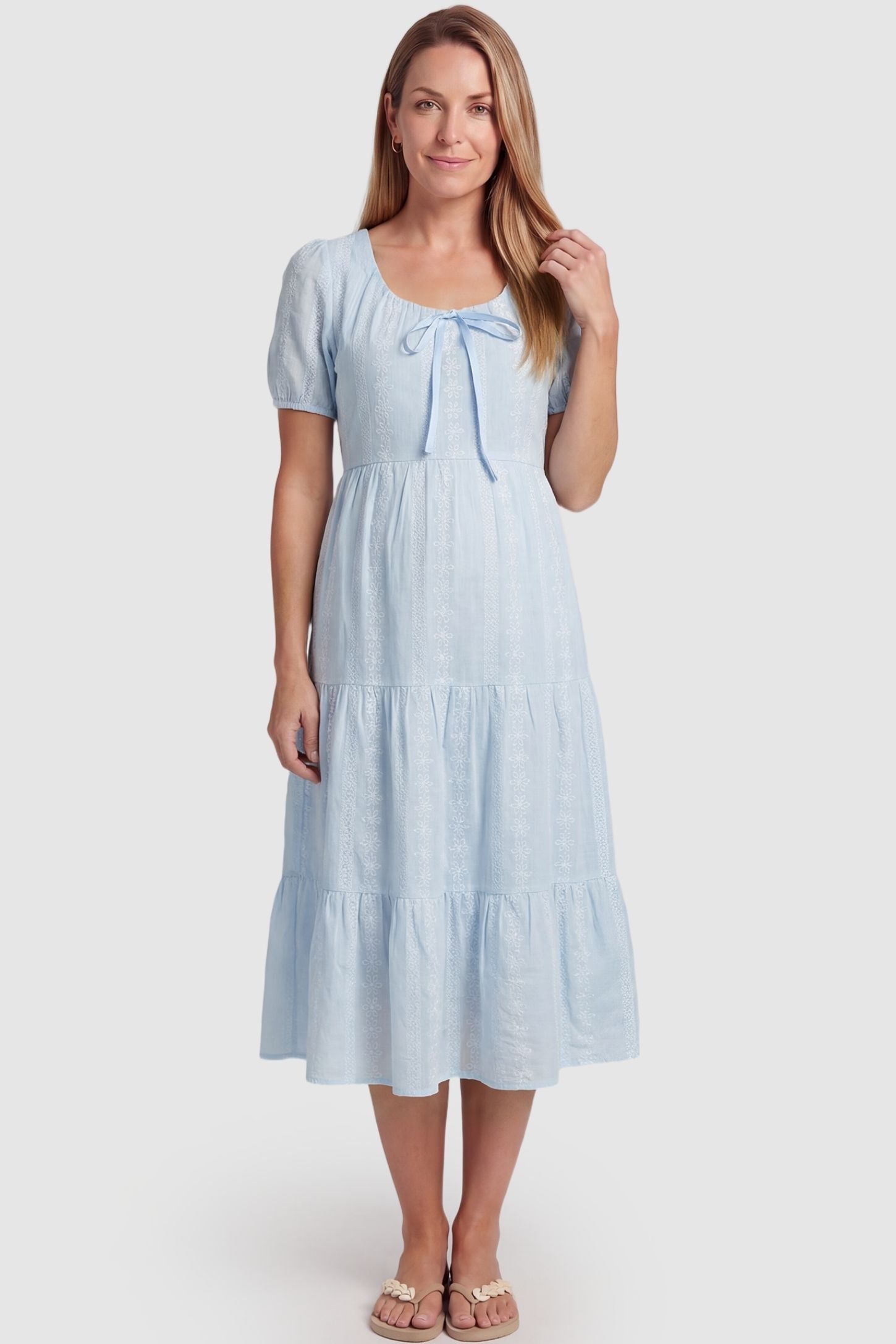 Eyelet Scoop Neck Tiered Maternity Dress Eyelet Scoop Neck Tiered Maternity Dress in Blue featuring a versatile empire waist on a non-pregnant model, front view.