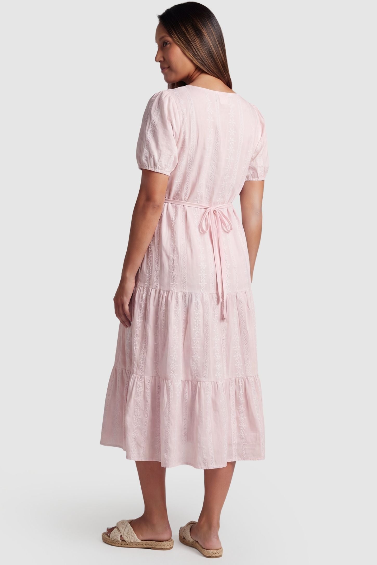 Eyelet Scoop Neck Tiered Maternity Dress Eyelet Scoop Neck Tiered Maternity Dress in Pink featuring a secure waist tie on a pregnant model, back view.