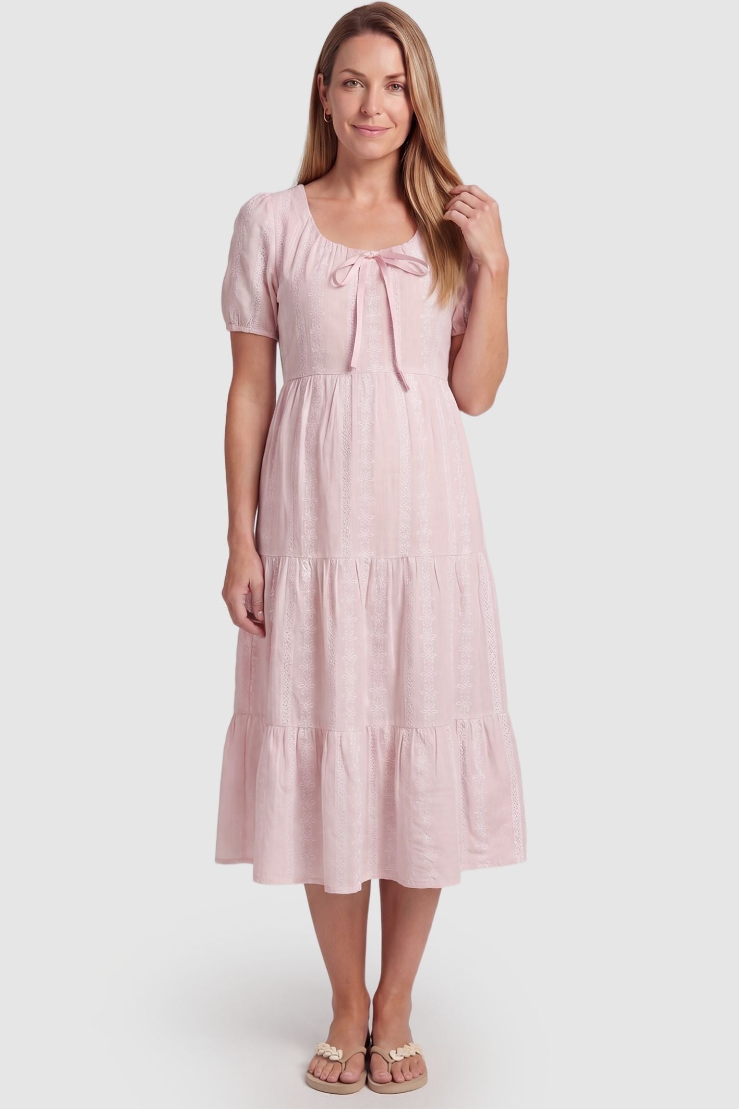 Eyelet Scoop Neck Tiered Maternity Dress Eyelet Scoop Neck Tiered Maternity Dress in Pink featuring a versatile empire waist on a non-pregnant model, front view.