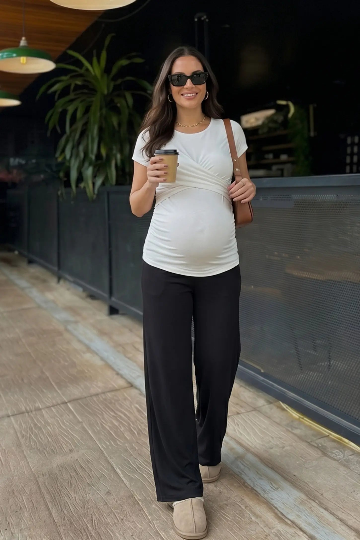 Fleece Straight-Leg Maternity Pants Fleece Straight-Leg Maternity Pants in Black featuring premium fleece fabric on a pregnant model