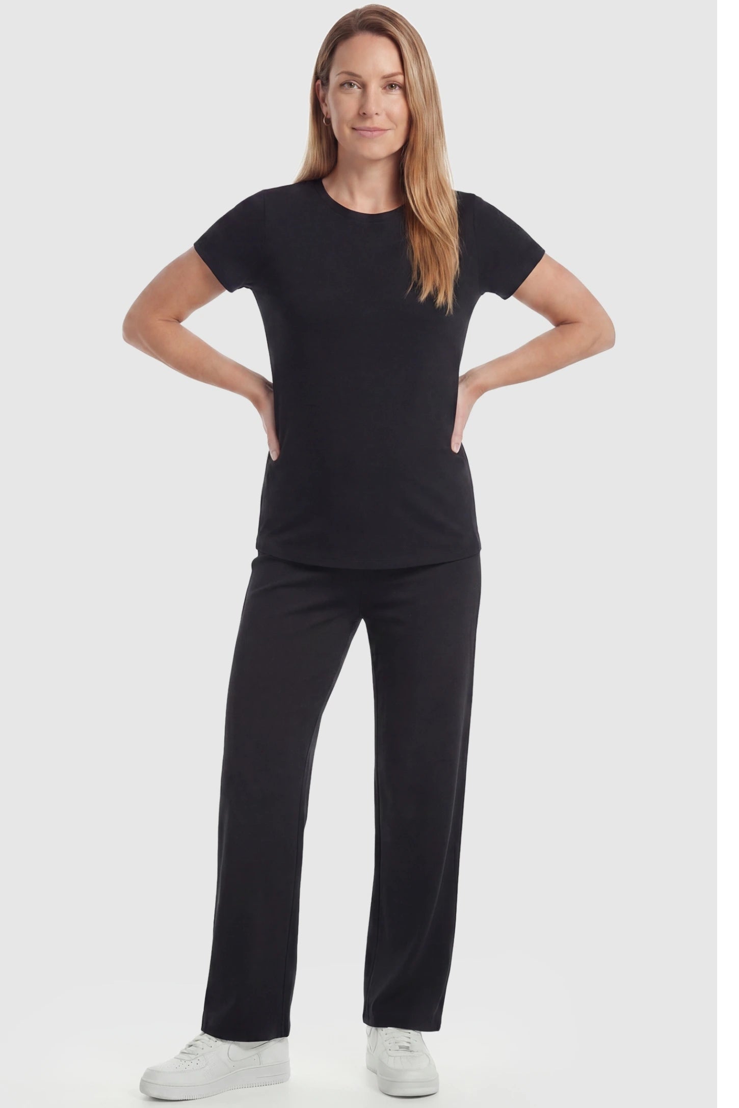 Fleece Straight-Leg Maternity Pants Fleece Straight-Leg Maternity Pants in Black featuring a relaxed straight-leg cut on a non-pregnant model, front view.