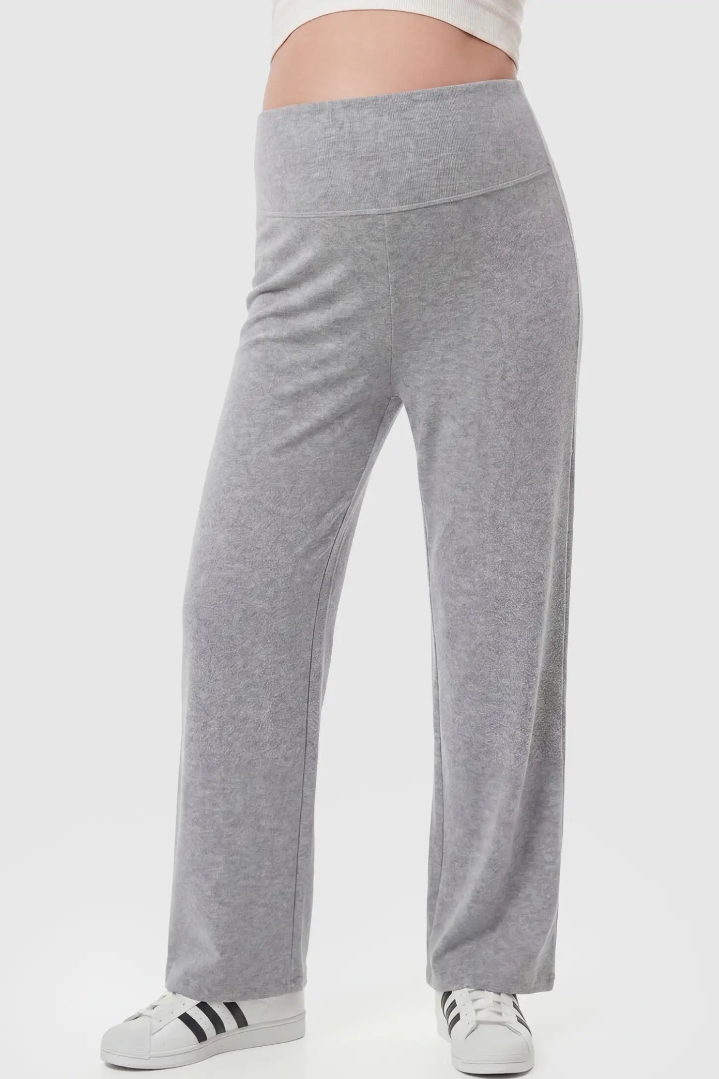 Fleece Straight-Leg Maternity Pants Fleece Straight-Leg Maternity Pants in Light Gray featuring a relaxed straight-leg cut on a pregnant model, front view.