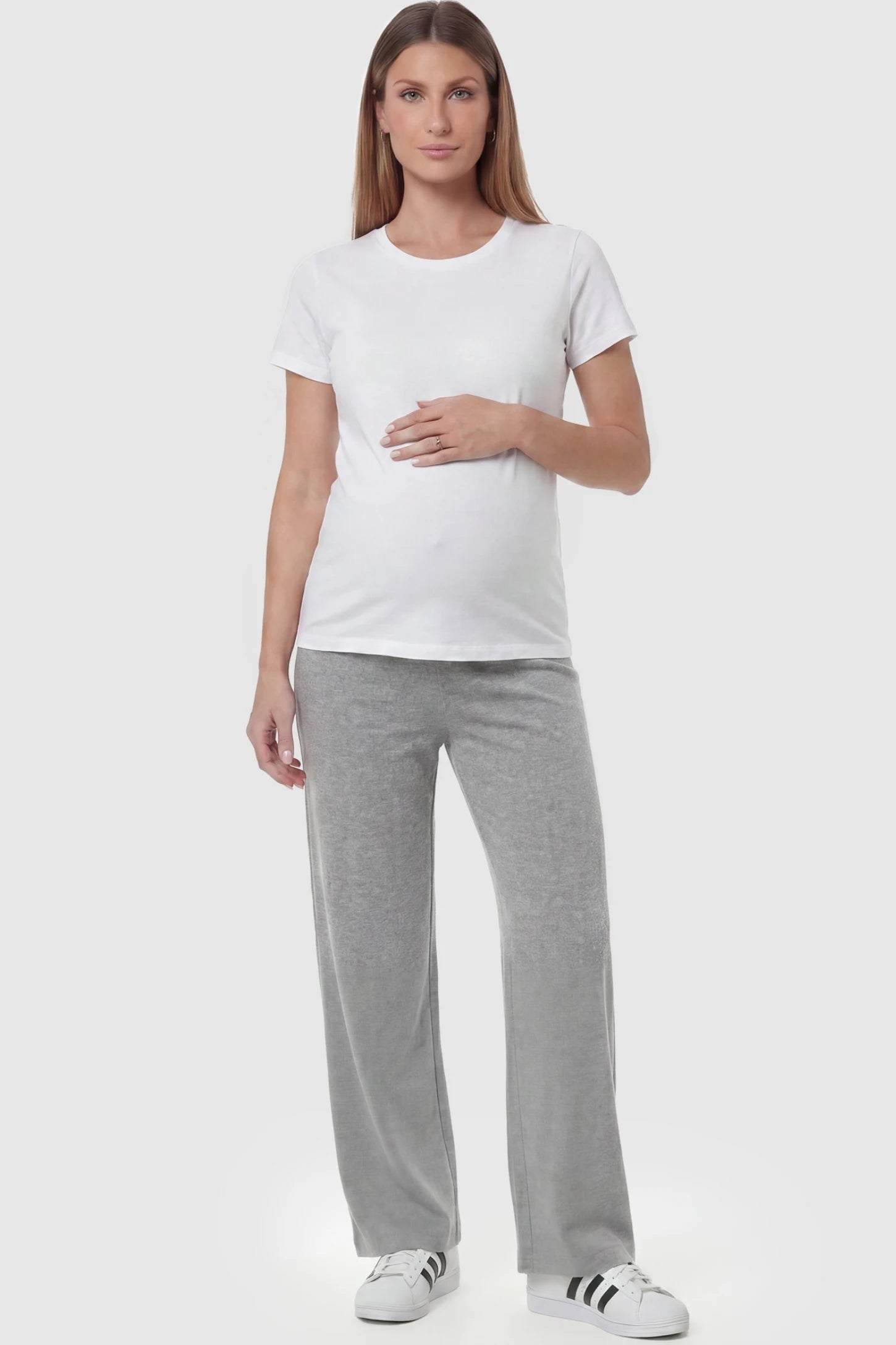 Fleece Straight-Leg Maternity Pants Fleece Straight-Leg Maternity Pants in Light Gray featuring a relaxed straight-leg cut on a pregnant model, front view.