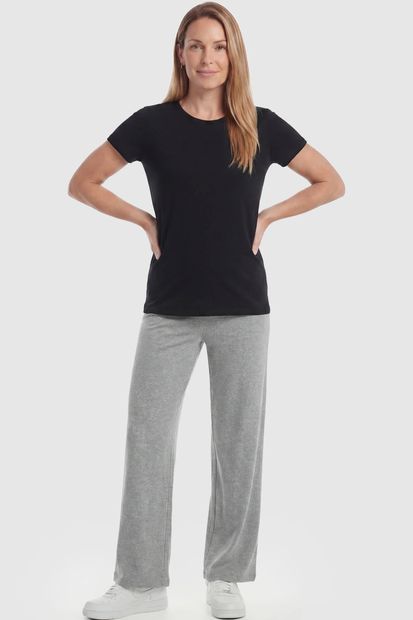 Fleece Straight-Leg Maternity Pants Fleece Straight-Leg Maternity Pants in Light Gray featuring a relaxed straight-leg cut on a non-pregnant model, front view.
