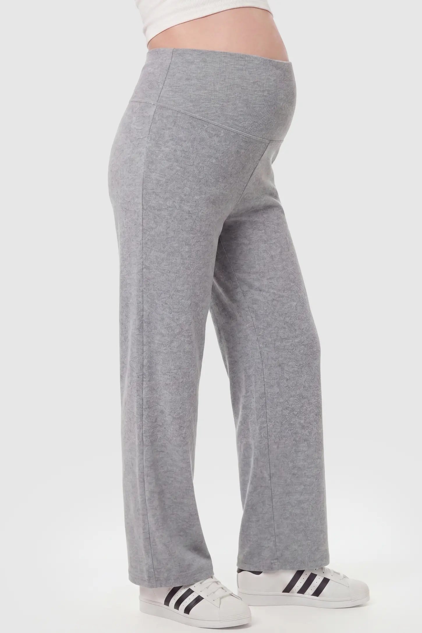 Fleece Straight-Leg Maternity Pants Fleece Straight-Leg Maternity Pants in Light Gray featuring a relaxed straight-leg cut on a pregnant model, side view.