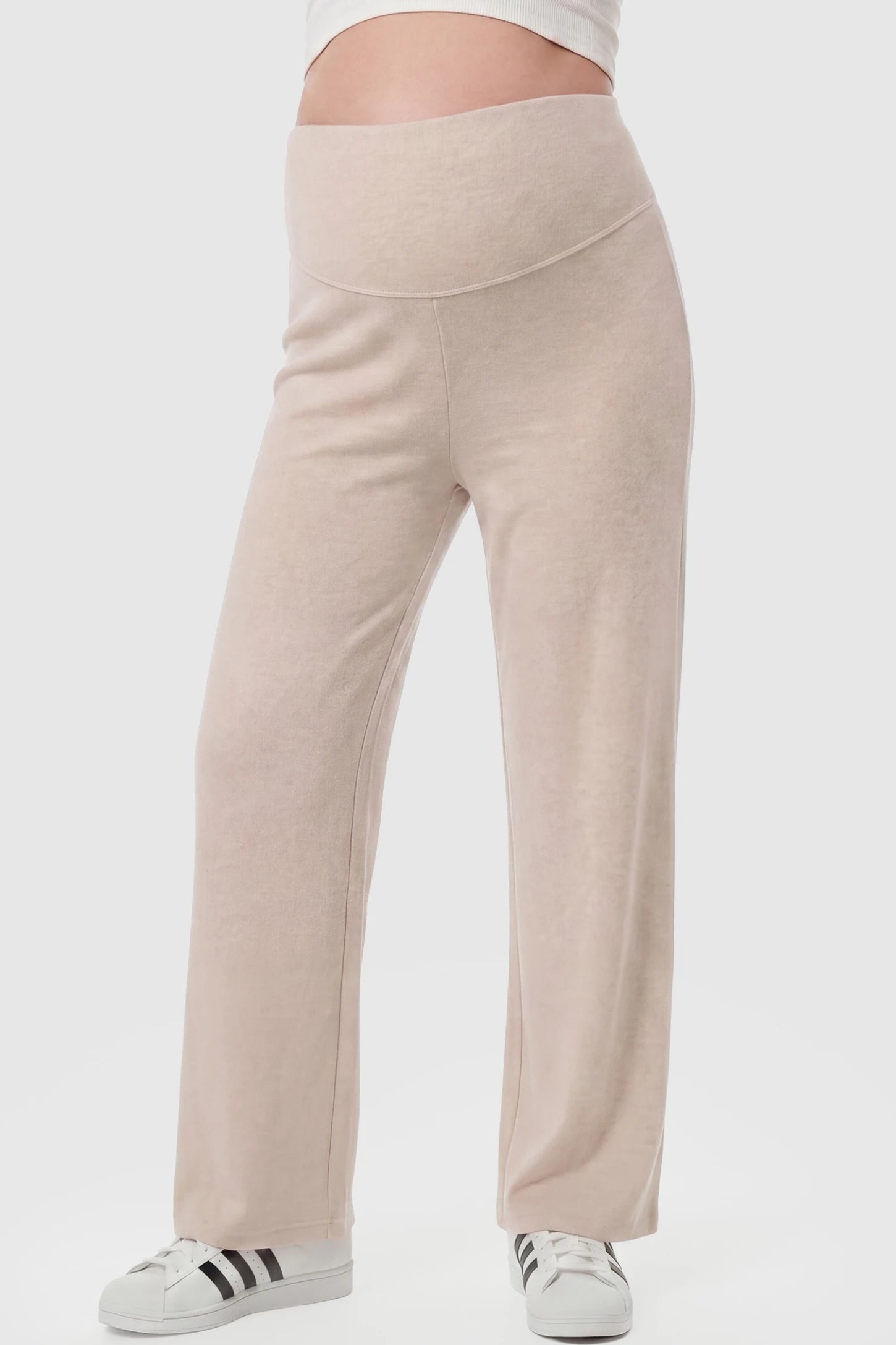 Fleece Straight-Leg Maternity Pants Fleece Straight-Leg Maternity Pants in Off-White featuring a relaxed straight-leg cut on a pregnant model, front view.
