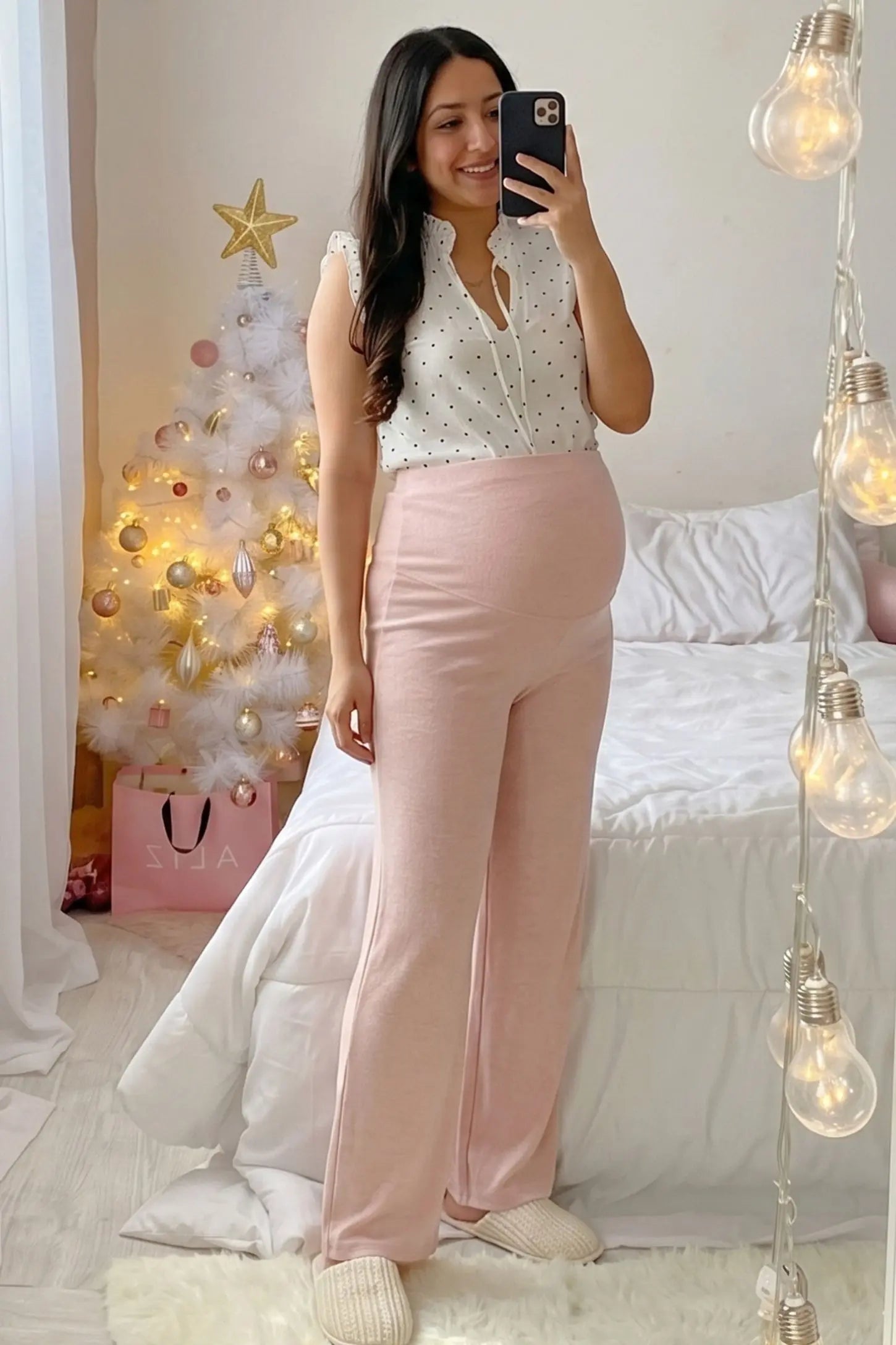 Fleece Straight-Leg Maternity Pants Fleece Straight-Leg Maternity Pants in Pink featuring a relaxed straight-leg cut on a pregnant model.