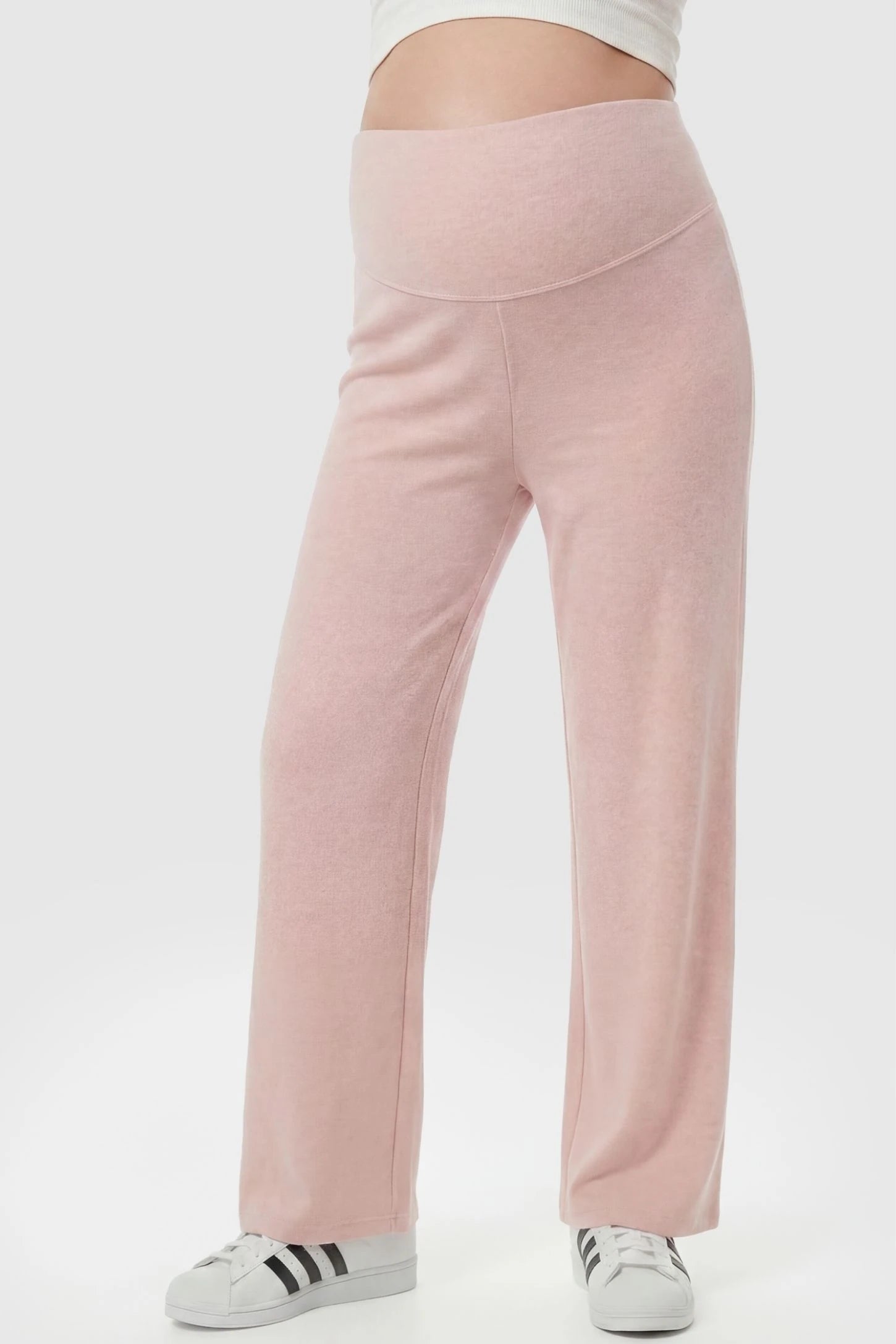 Fleece Straight-Leg Maternity Pants Fleece Straight-Leg Maternity Pants in Pink featuring a relaxed straight-leg cut on a pregnant model, front view.