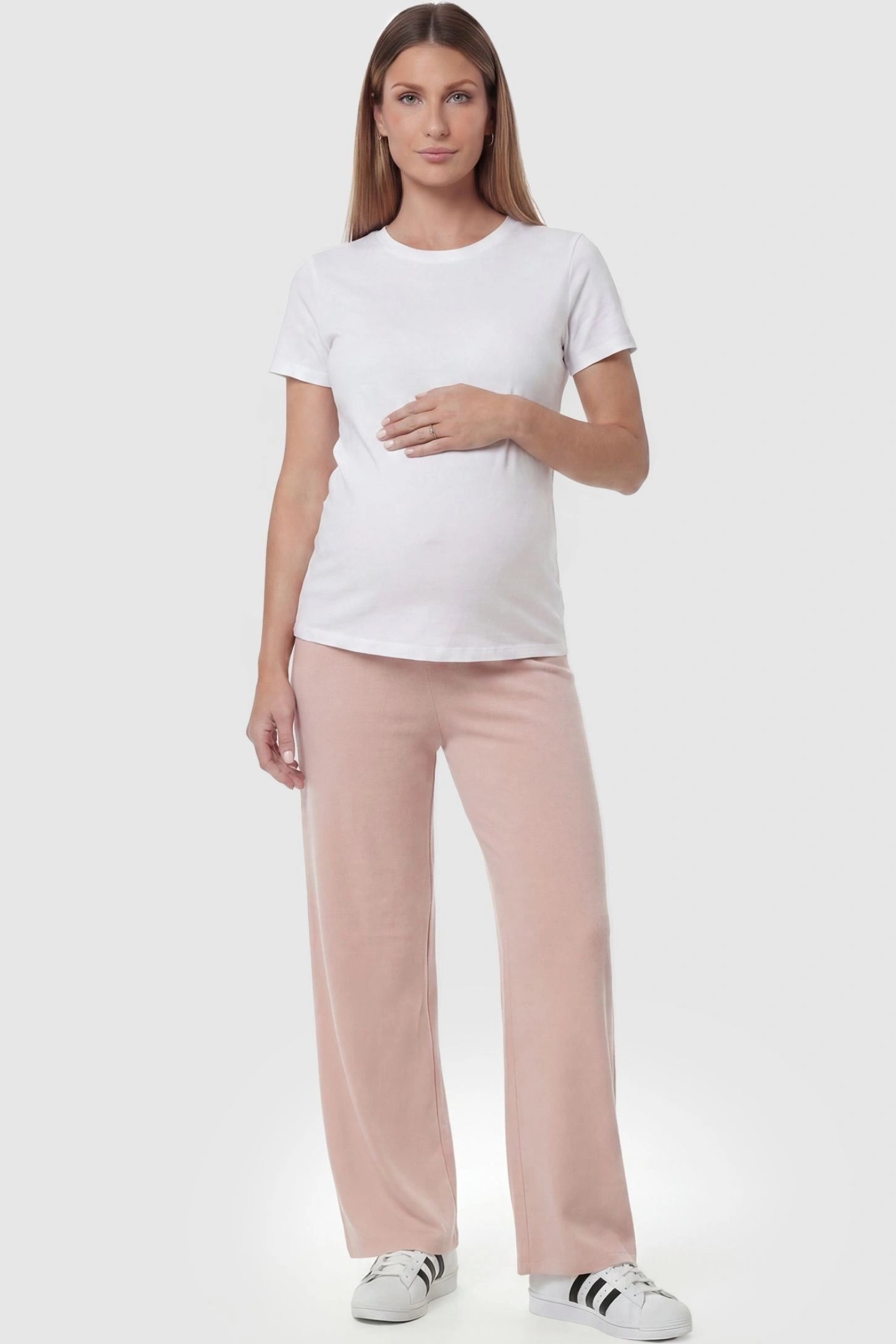 Fleece Straight-Leg Maternity Pants Fleece Straight-Leg Maternity Pants in Pink featuring a relaxed straight-leg cut on a pregnant model, front view.