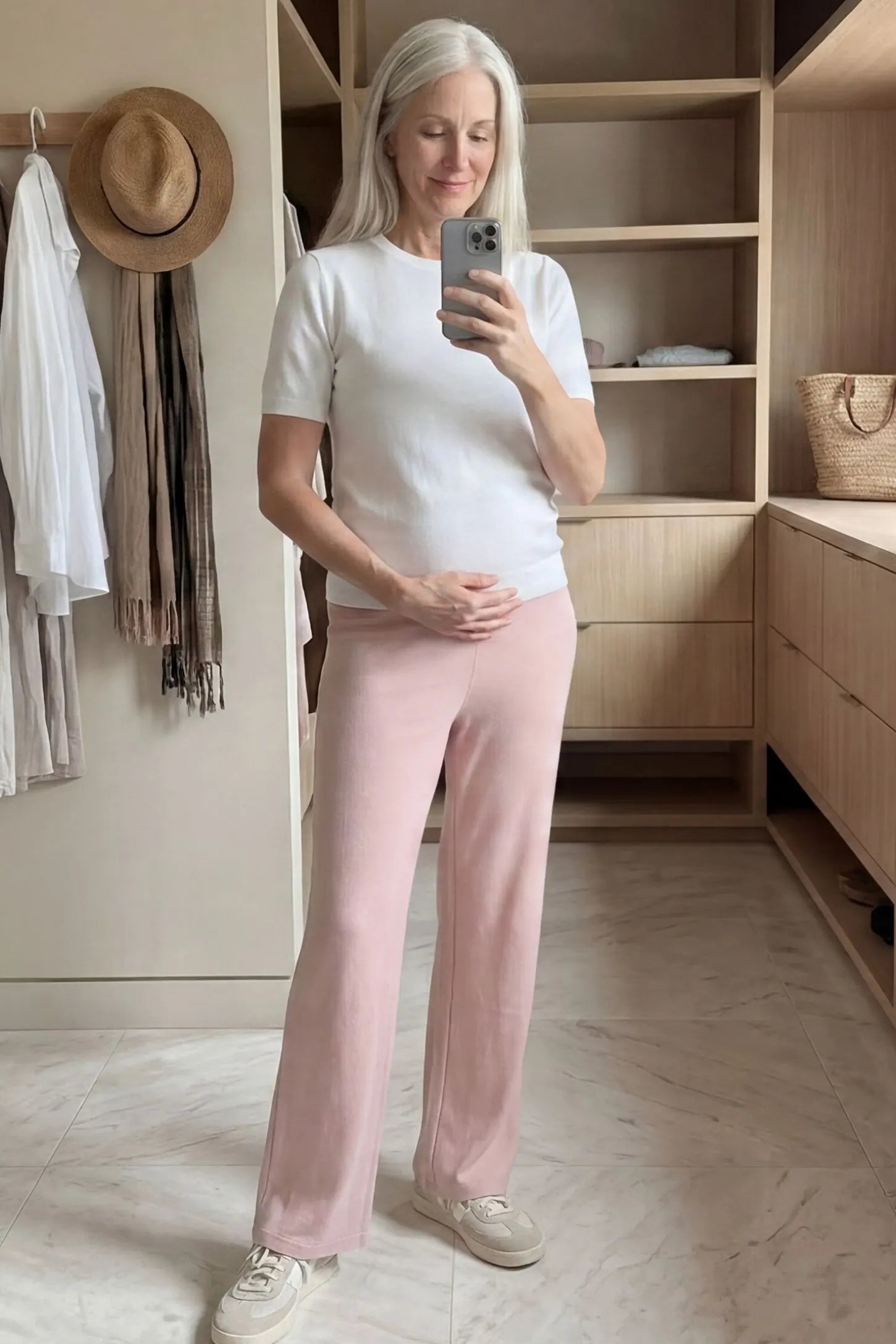 Fleece Straight-Leg Maternity Pants Fleece Straight-Leg Maternity Pants in Pink featuring a relaxed straight-leg cut on a pregnant model.