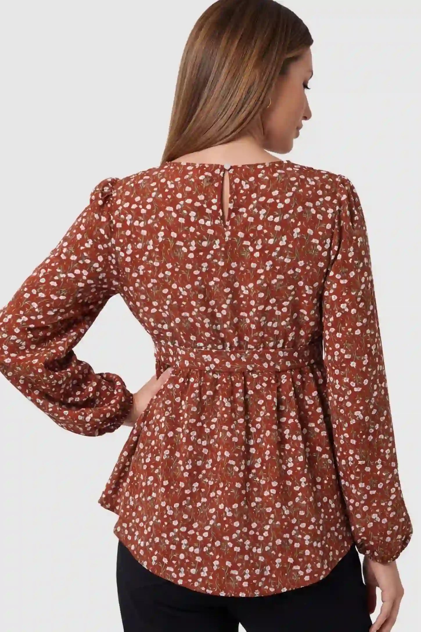 Floral Round Neck Babydoll Maternity Top Floral Round Neck Babydoll Maternity Top in Red featuring a smooth floral back on a pregnant model.