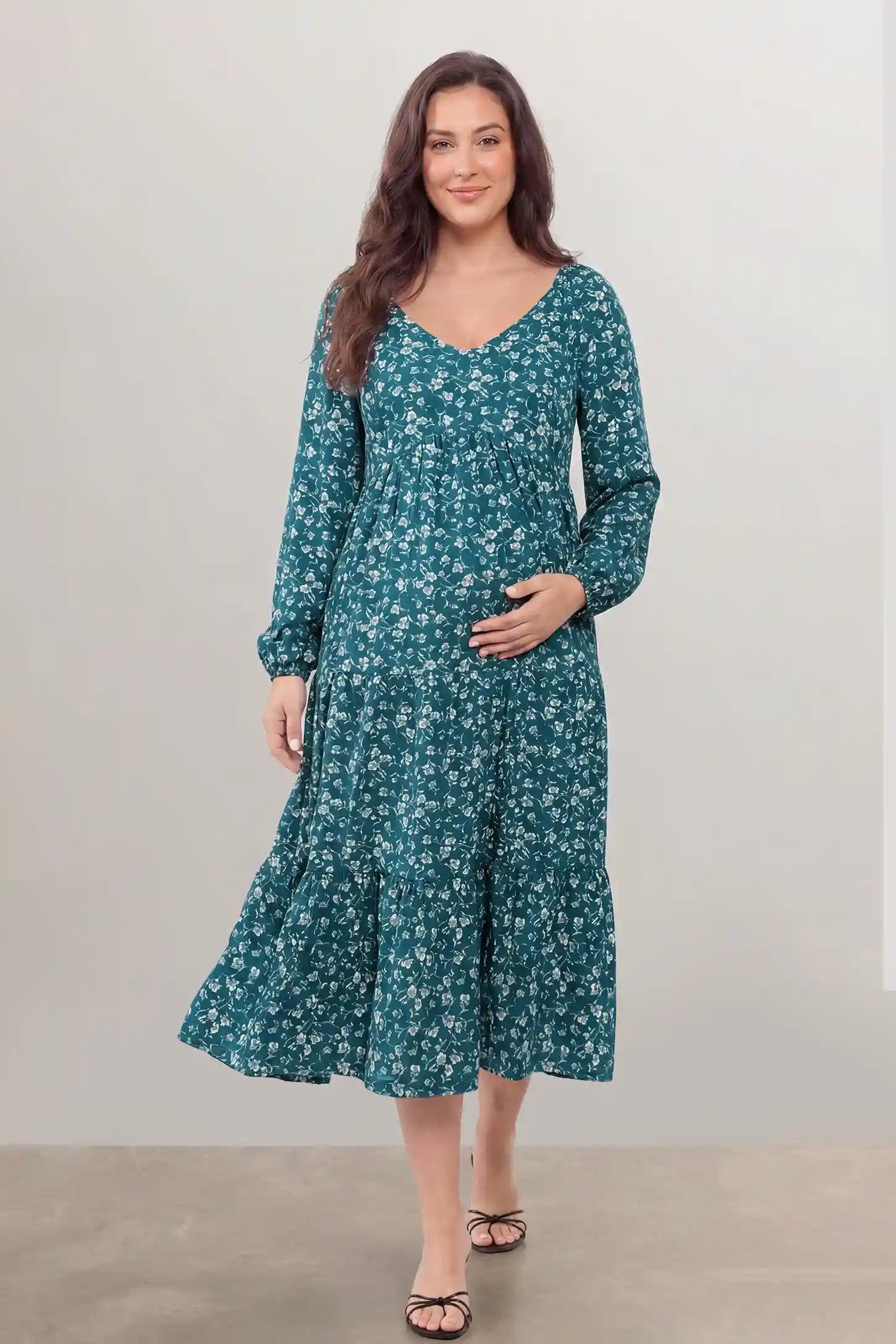 Floral Balloon Sleeves Midi Maternity Dress Blue Floral Balloon Sleeves Midi Maternity Dress featuring balloon sleeves on a front-facing plus size pregnant model.