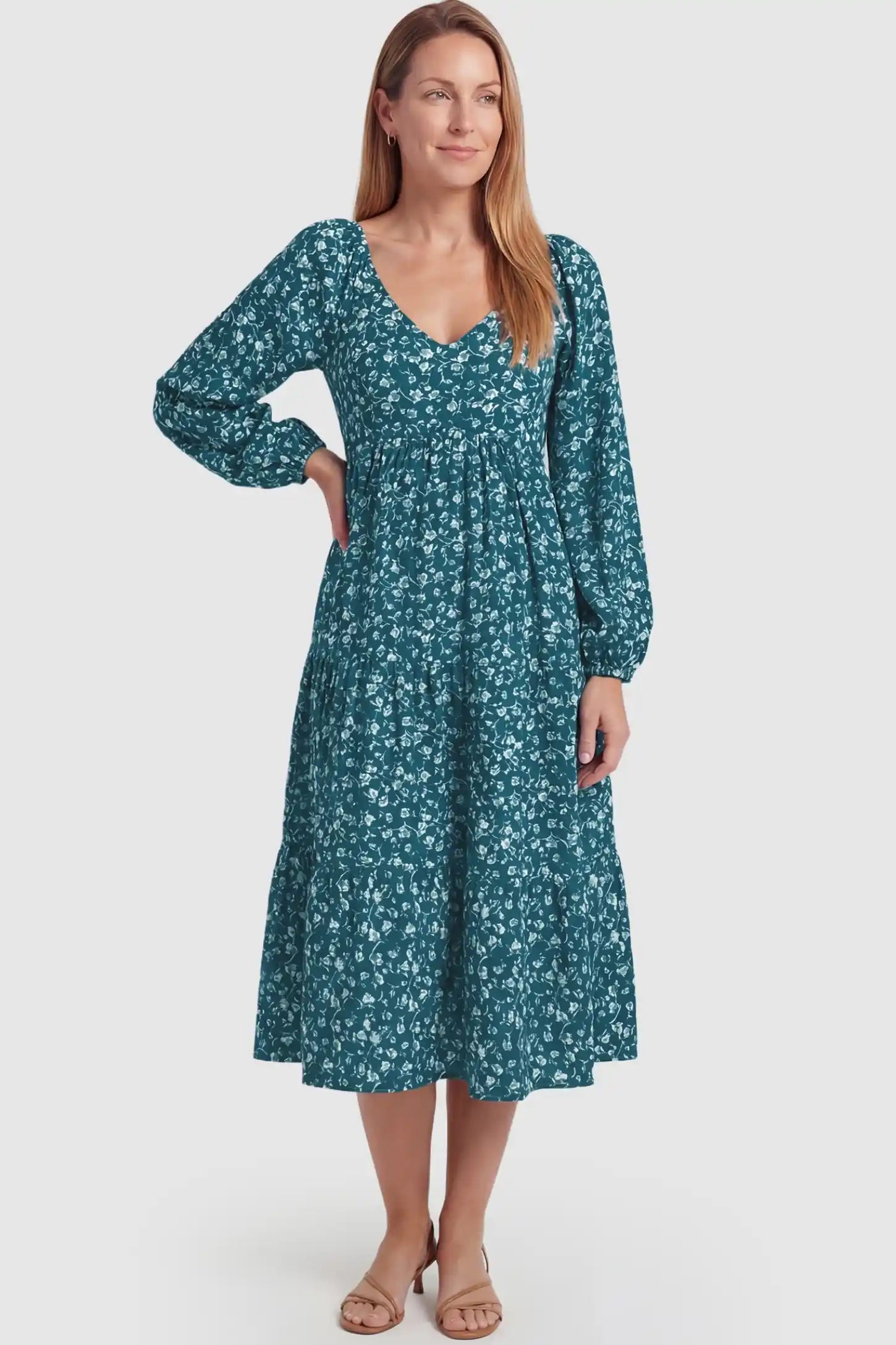 Floral Balloon Sleeves Midi Maternity Dress Blue Floral Balloon Sleeves Midi Maternity Dress featuring balloon sleeves on a front-facing non-pregnant model.