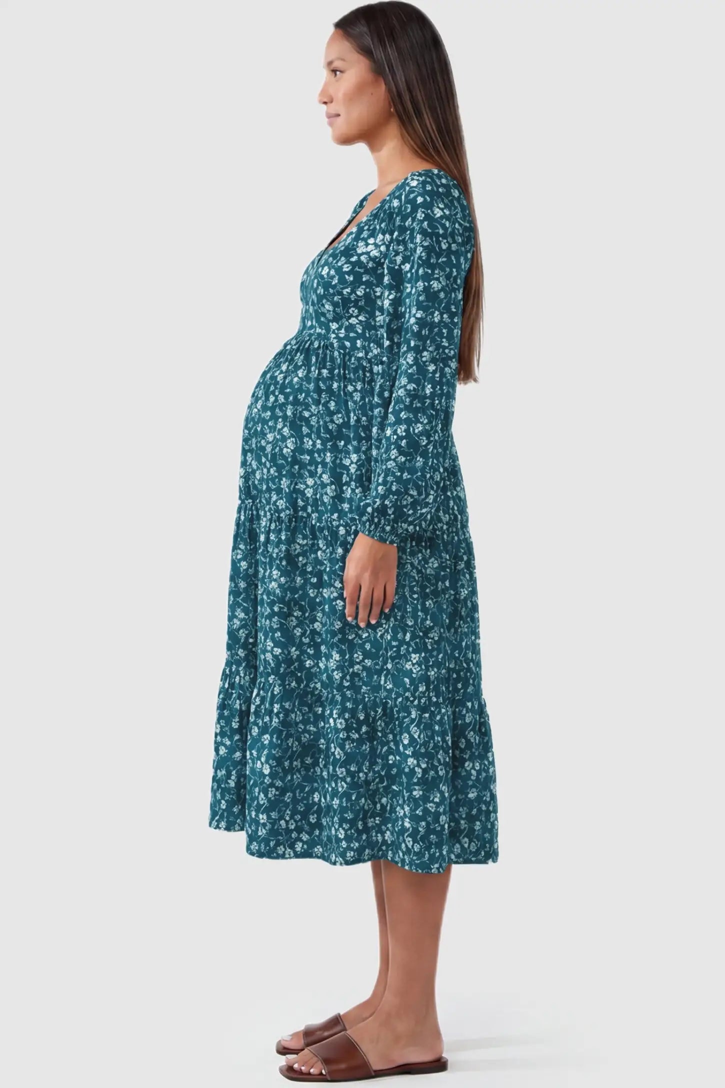 Floral Balloon Sleeves Midi Maternity Dress Blue Floral Balloon Sleeves Midi Maternity Dress featuring a tiered skirt on a side-profile pregnant model.