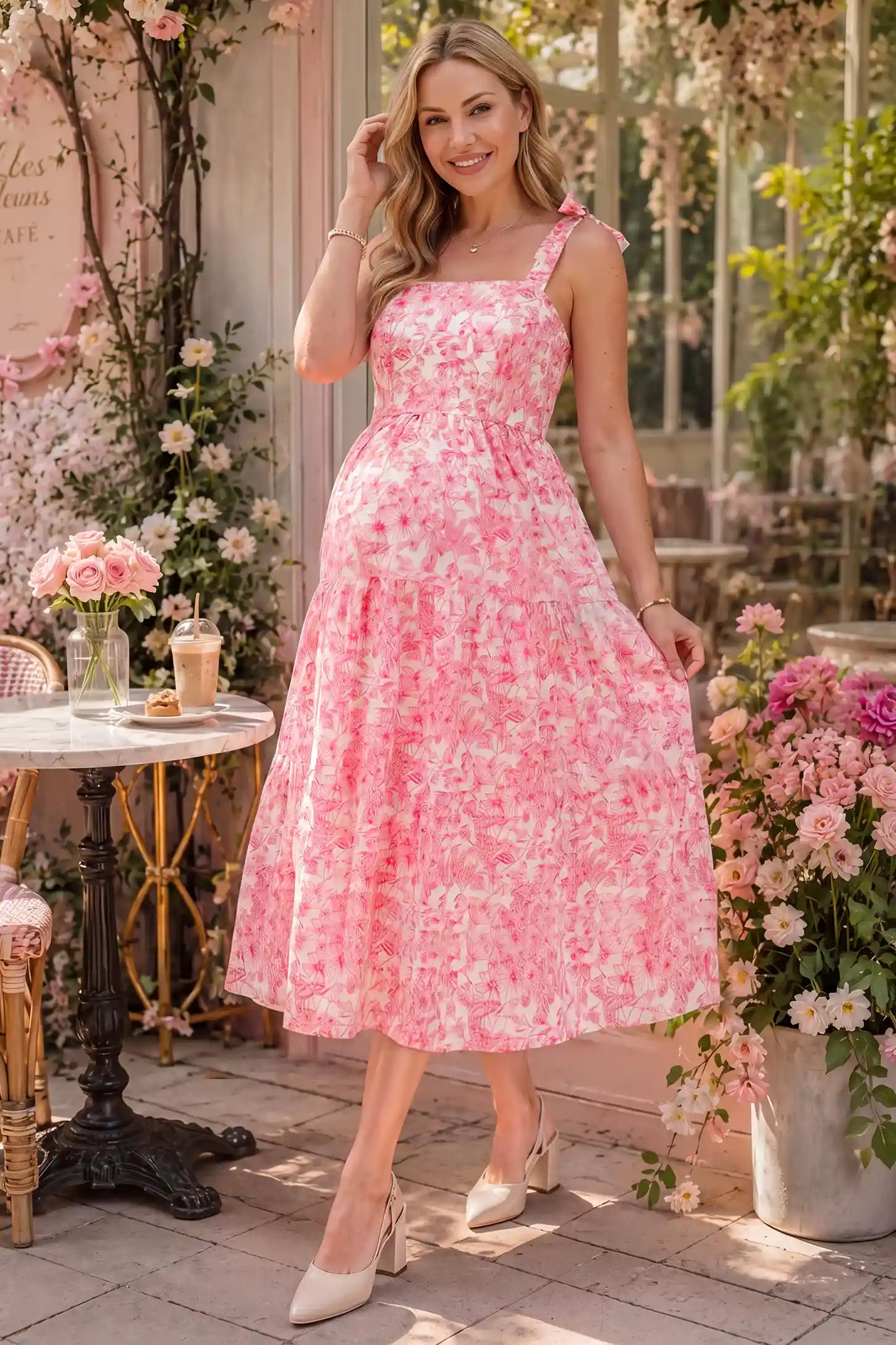 Floral Cami Tiered Maxi Maternity Dress Floral Cami Tiered Maxi Maternity Dress in pink floral featuring a vibrant floral pattern and layered tiers, lifestyle view on a pregnant model.