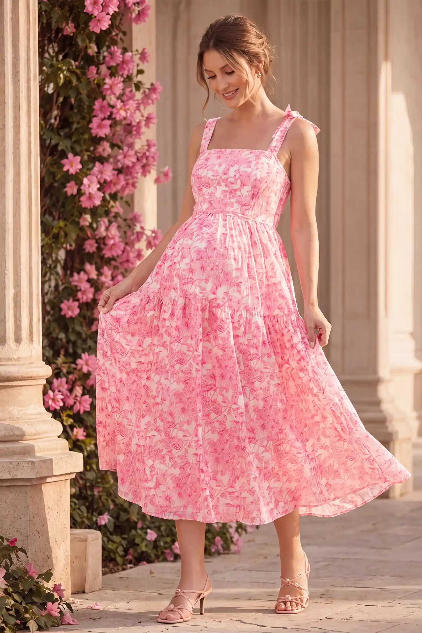 Floral Cami Tiered Maxi Maternity Dress Floral Cami Tiered Maxi Maternity Dress in pink floral with camisole straps and flowy fabric, lifestyle view on a pregnant model.