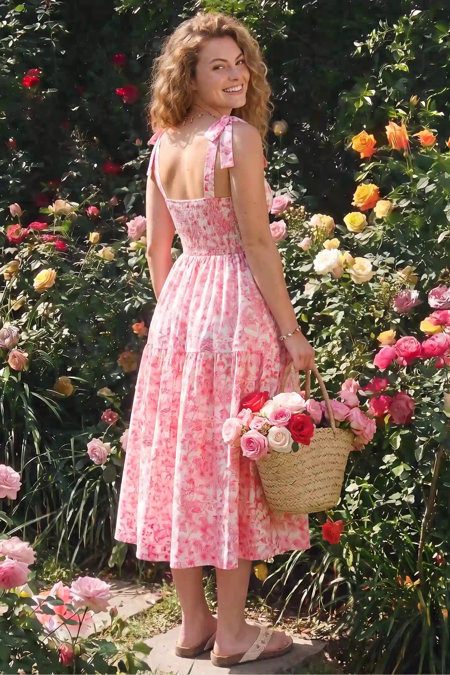Floral Cami Tiered Maxi Maternity Dress Floral Cami Tiered Maxi Maternity Dress in pink floral with feminine tiers and a breezy silhouette, back view on a non pregnant model.