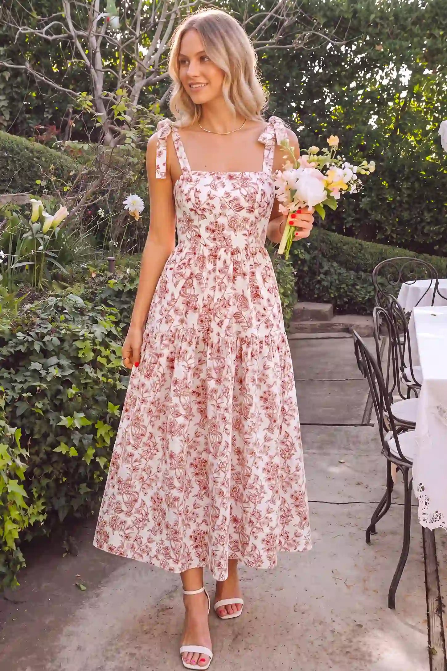 Floral Cami Tiered Maxi Maternity Dress Floral Cami Tiered Maxi Maternity Dress in Rusty French Floral with vintage floral tiered design, lifestyle view on a non pregnant model.