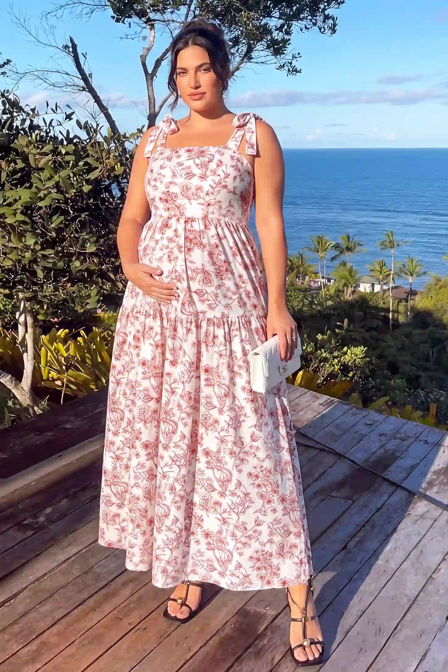 Floral Cami Tiered Maxi Maternity Dress Floral Cami Tiered Maxi Maternity Dress in Rusty French Floral with vintage floral tiered design, lifestyle view on a plus-size model.