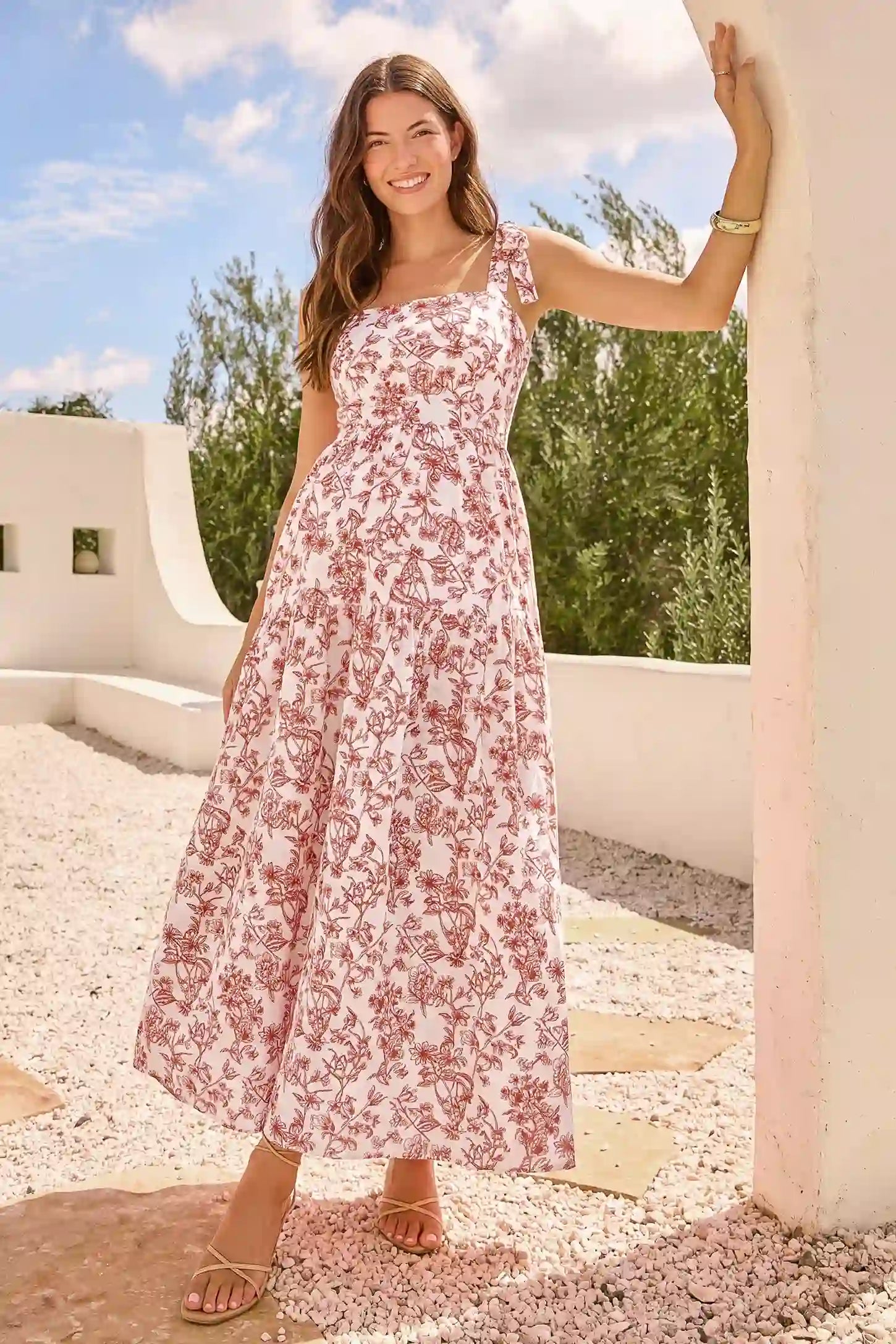 Floral Cami Tiered Maxi Maternity Dress Floral Cami Tiered Maxi Maternity Dress in Rusty French Floral with a vintage floral tiered design, lifestyle front view on a pregnant model.