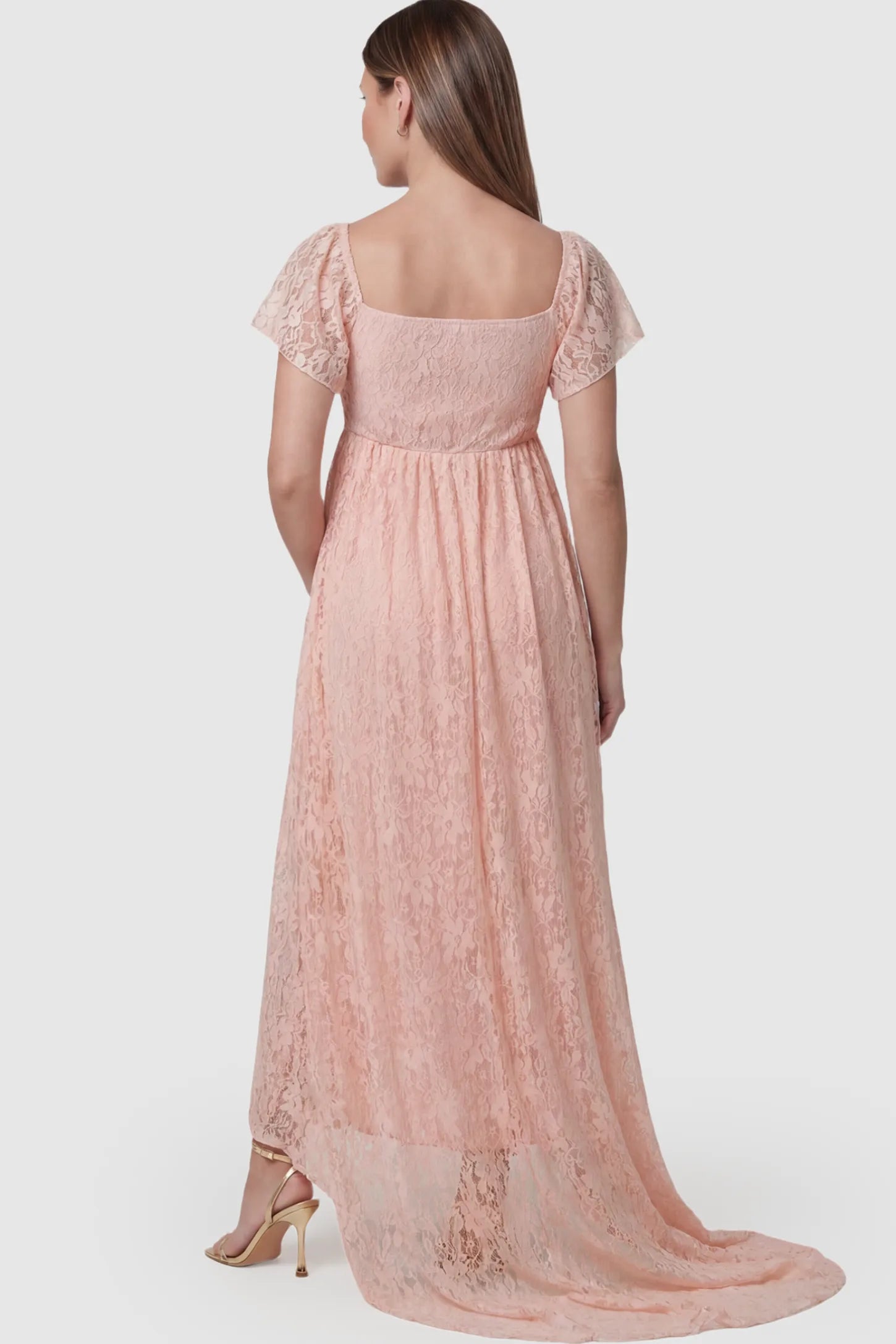 Floral Lace Flutter Sleeve Maternity Maxi Dress Floral Lace Flutter Sleeve Maternity Maxi Dress in Pink featuring floor-sweeping silhouette on a pregnant model showing back.