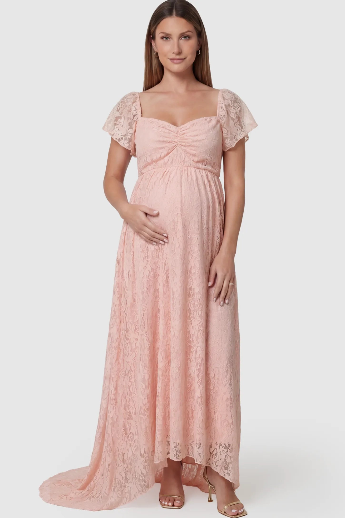 maxi dress pregnant maternity Floral Lace Flutter Sleeve Maternity Maxi Dress