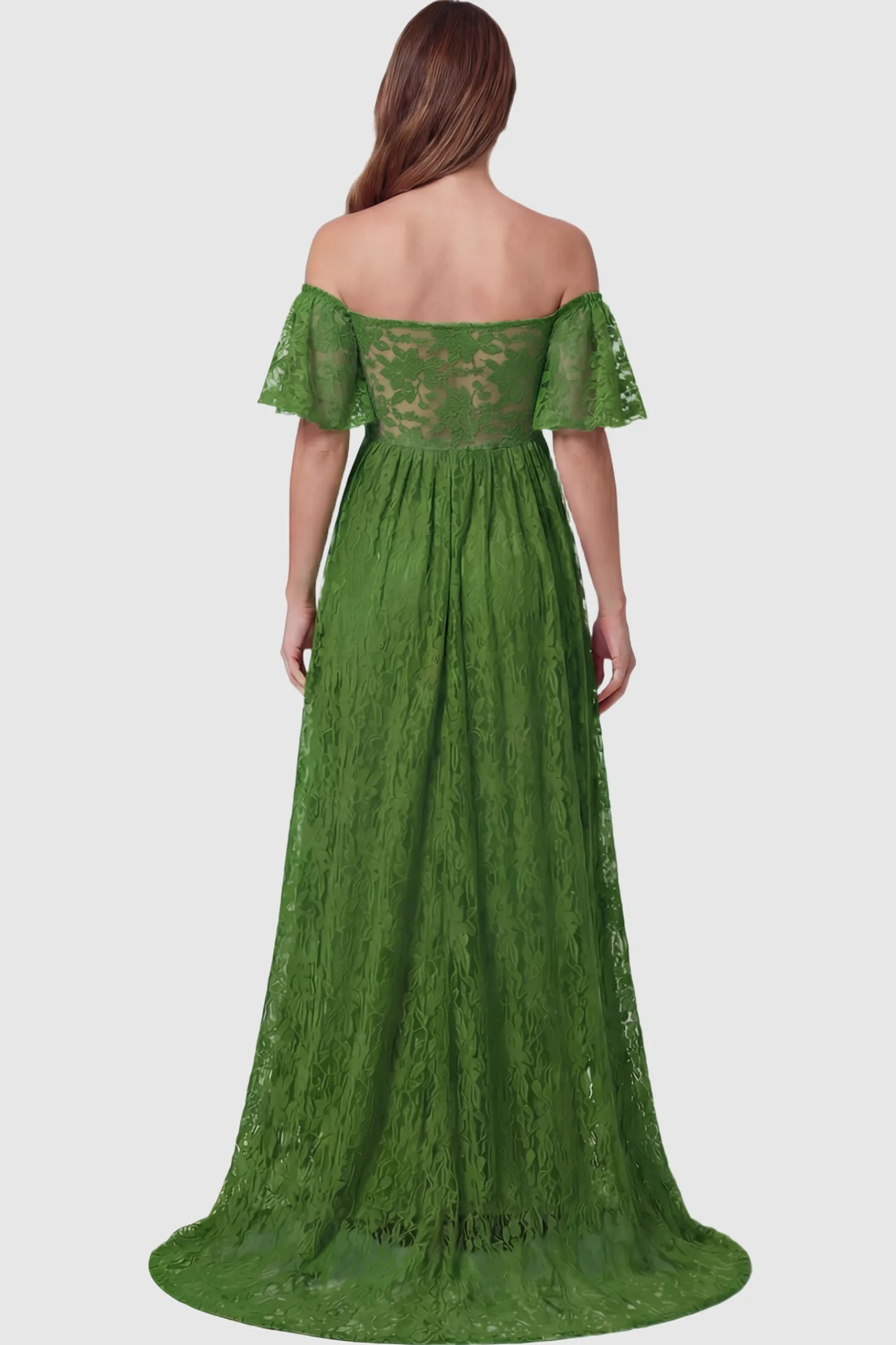 Lace Off Shoulder Maternity Maxi Dress Lace Off Shoulder Maternity Maxi Dress in apple green featuring off the shoulder neckline on a pregnant model showing back.