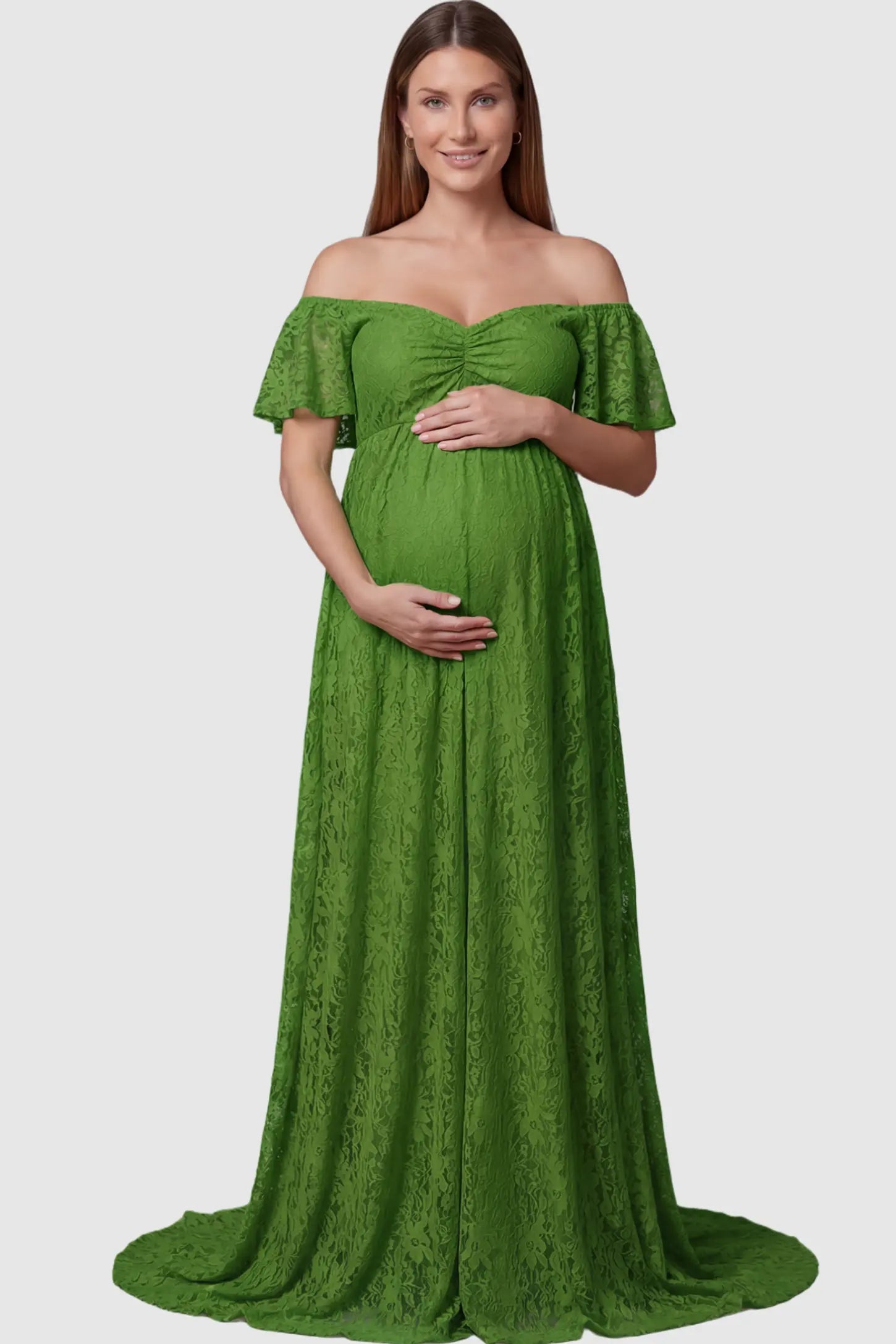 Lace Off Shoulder Maternity Maxi Dress Lace Off Shoulder Maternity Maxi Dress in apple green featuring off the shoulder neckline on a pregnant model showing front.