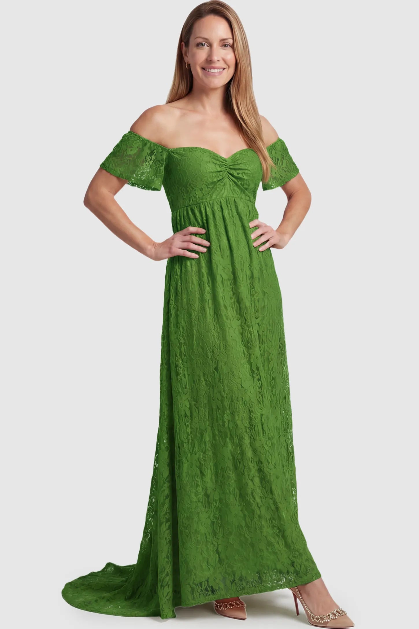 Lace Off Shoulder Maternity Maxi Dress Lace Off Shoulder Maternity Maxi Dress in apple green featuring off the shoulder neckline on a postpartum model showing front.